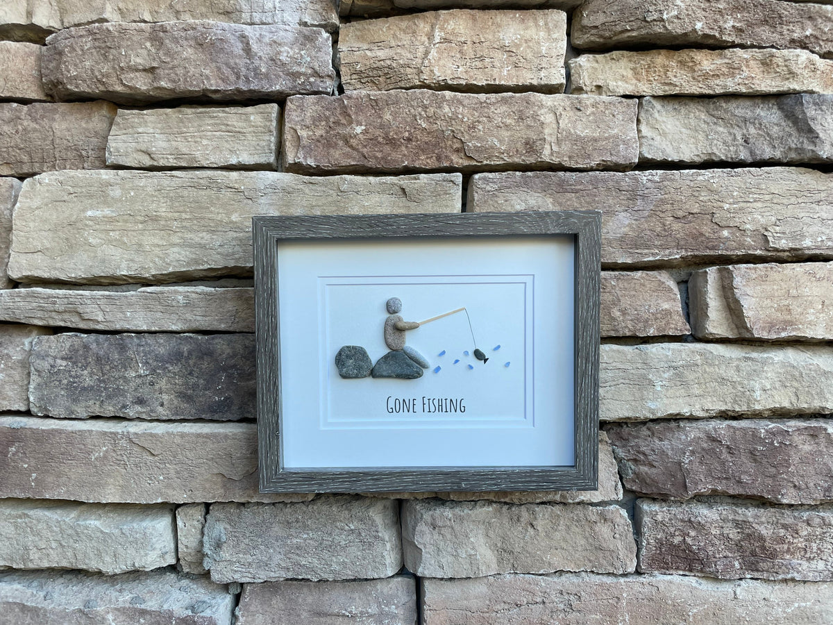 Gone Fishing Pebble and Sea Glass Art, 9 x 9” Personalized Fishing Gift