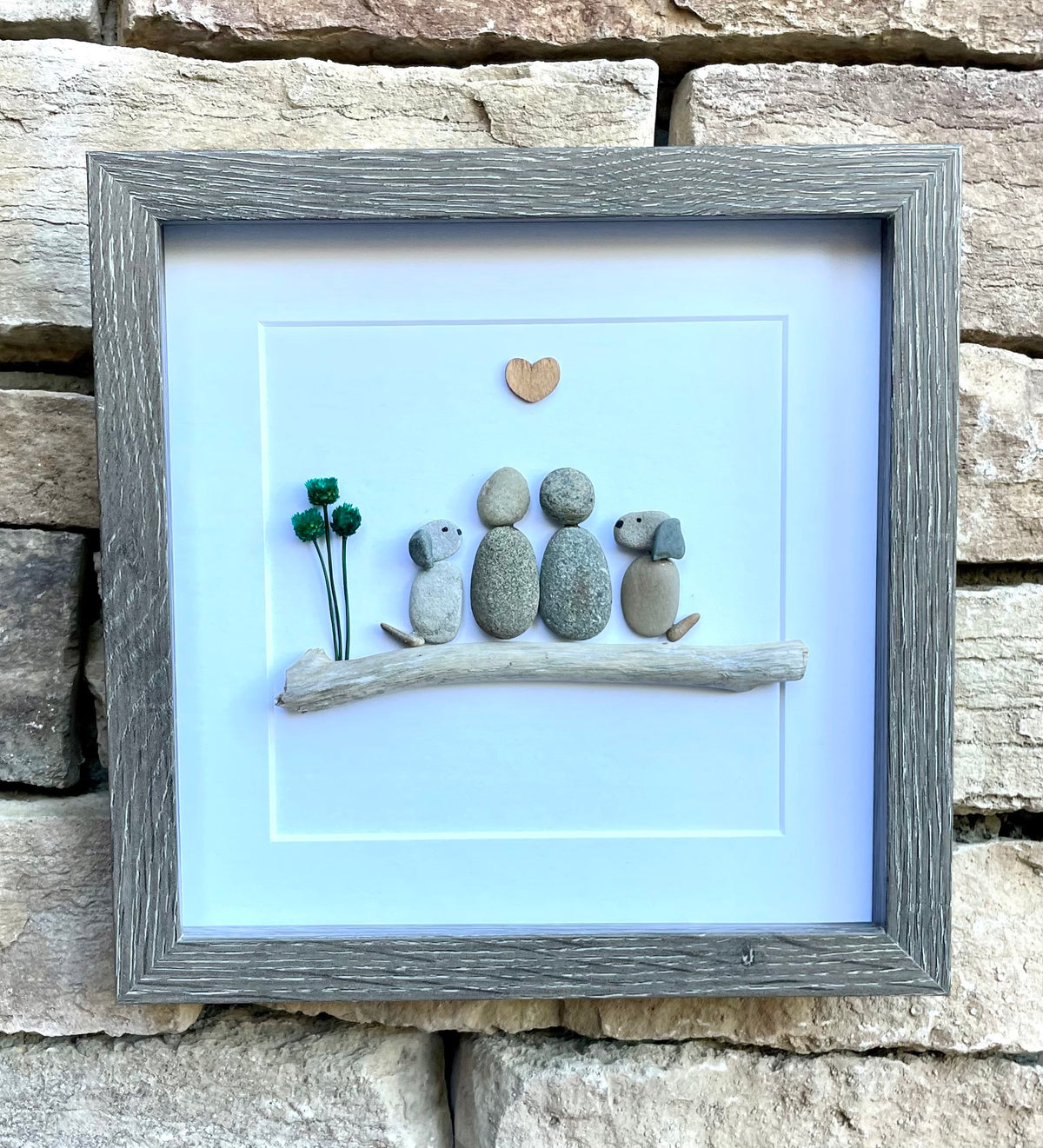 Couple with Two Dogs, 8x8 Framed Pebble Art, Personalized Pet Artwork, Perfect Gift for Dog Owners