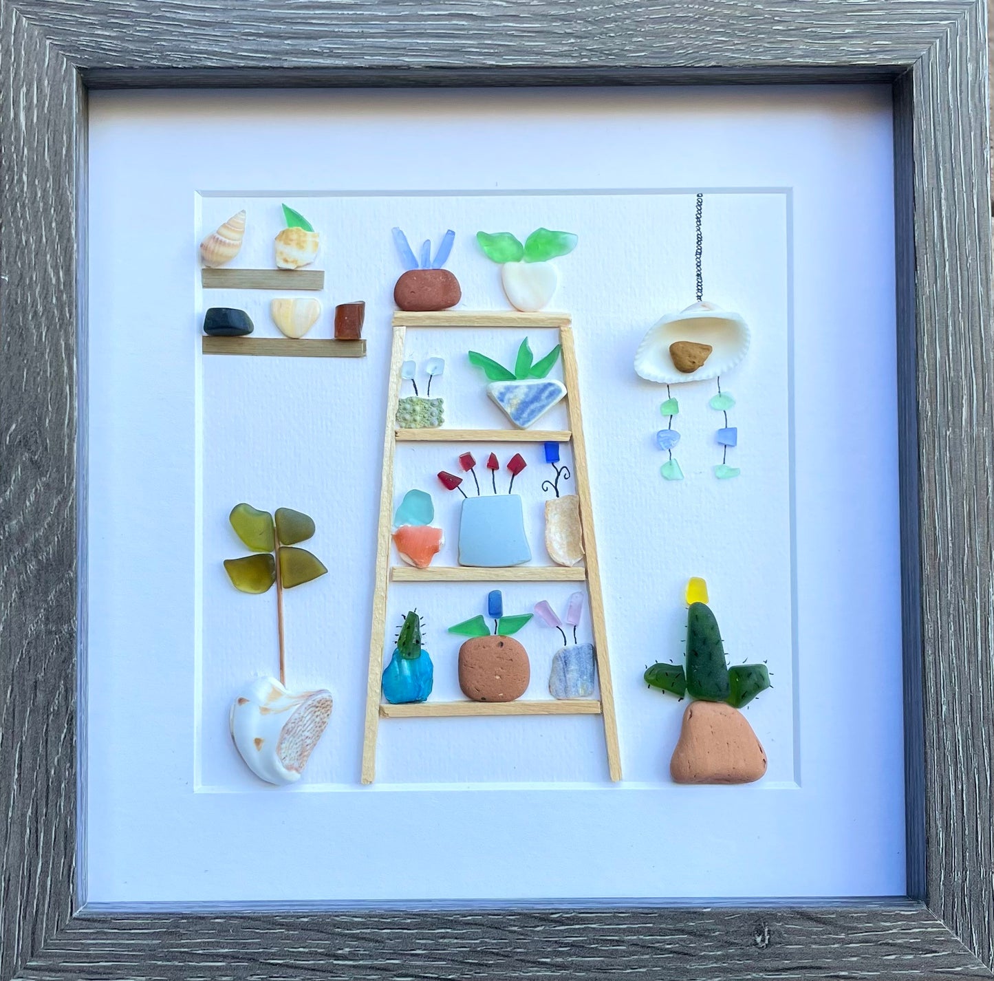 Sea Glass & Pottery Flower Shelves | Original Framed Artwork with Shells | Coastal Wall Art