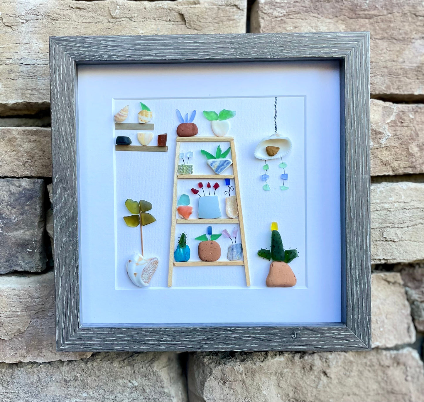 Sea Glass & Pottery Flower Shelves | Original Framed Artwork with Shells | Coastal Wall Art