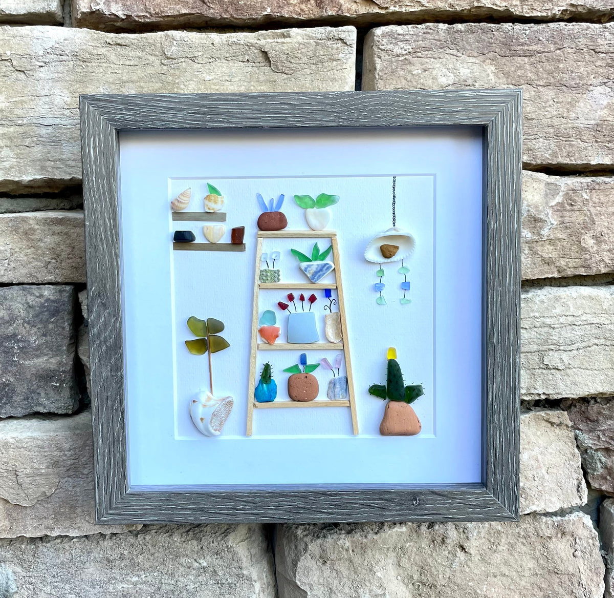 Sea Glass &amp; Pottery Flower Shelves | Original Framed Artwork with Shells | Coastal Wall Art