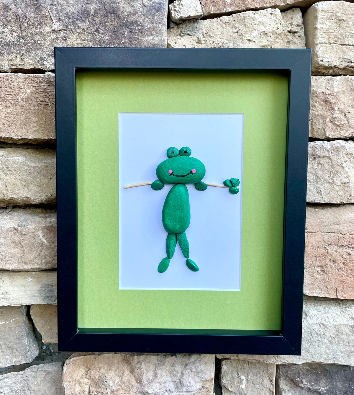 Painted Frog Pebble Artwork, 8x10 Framed Original Artwork, Nursery Art, Gift for Child, Farmyard Art