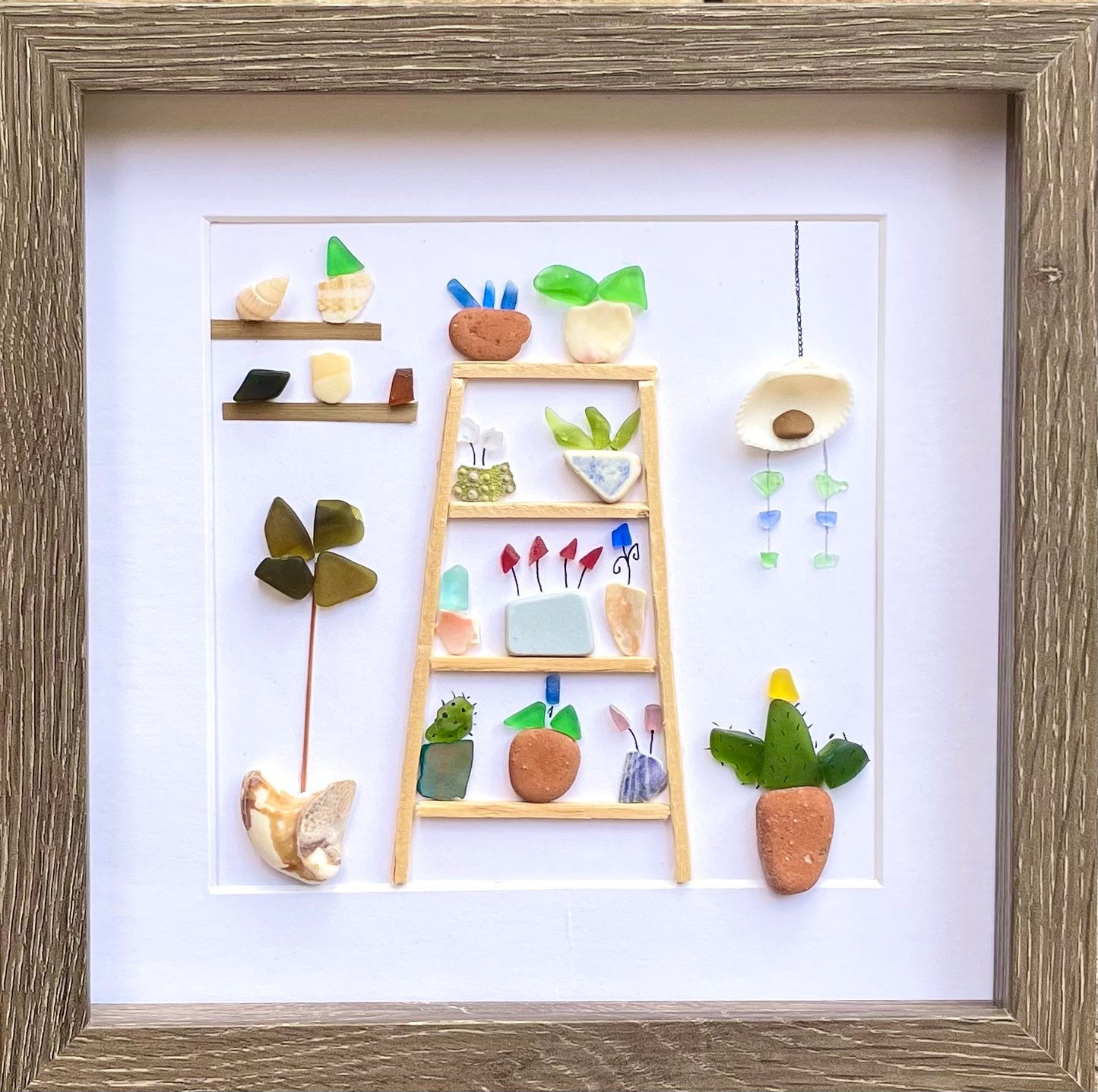 Sea Glass & Pottery Flower Shelves | Original Framed Artwork with Shells | Coastal Wall Art