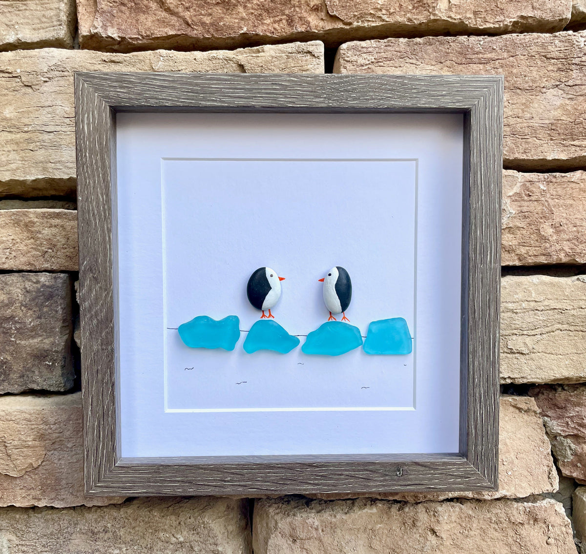 Sea Glass Penguin Picture, 8x8 Framed Sea Glass Art, Perfect Winter or Holiday Decor