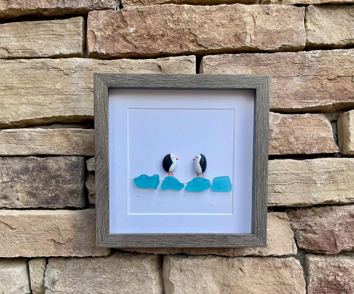 Sea Glass Penguin Picture, 8x8 Framed Sea Glass Art, Perfect Winter or Holiday Decor