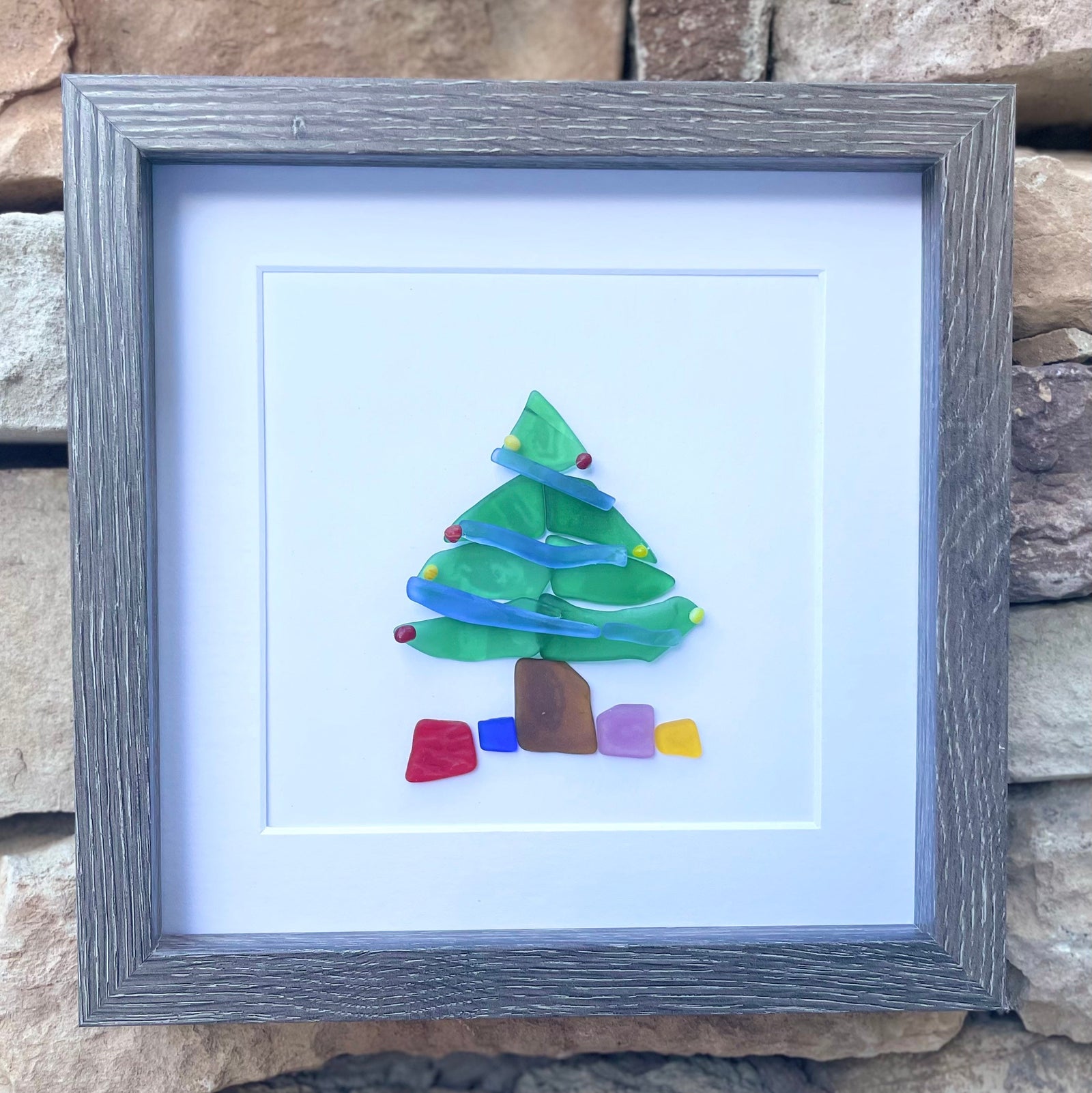 Christmas Tree Scottish Sea Glass Mosaic Art, 9x9 Framed Christmas Wall Decor