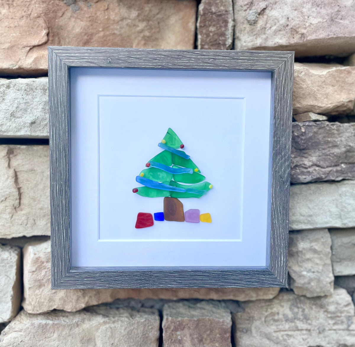 Christmas Tree Scottish Sea Glass Mosaic Art, 9x9 Framed Christmas Wall Decor