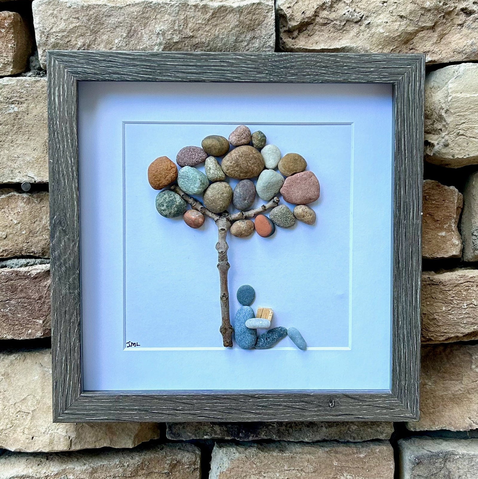 Book Lover Gift | Reading Under Pebble Tree Art | Handmade Pebble Picture for Readers