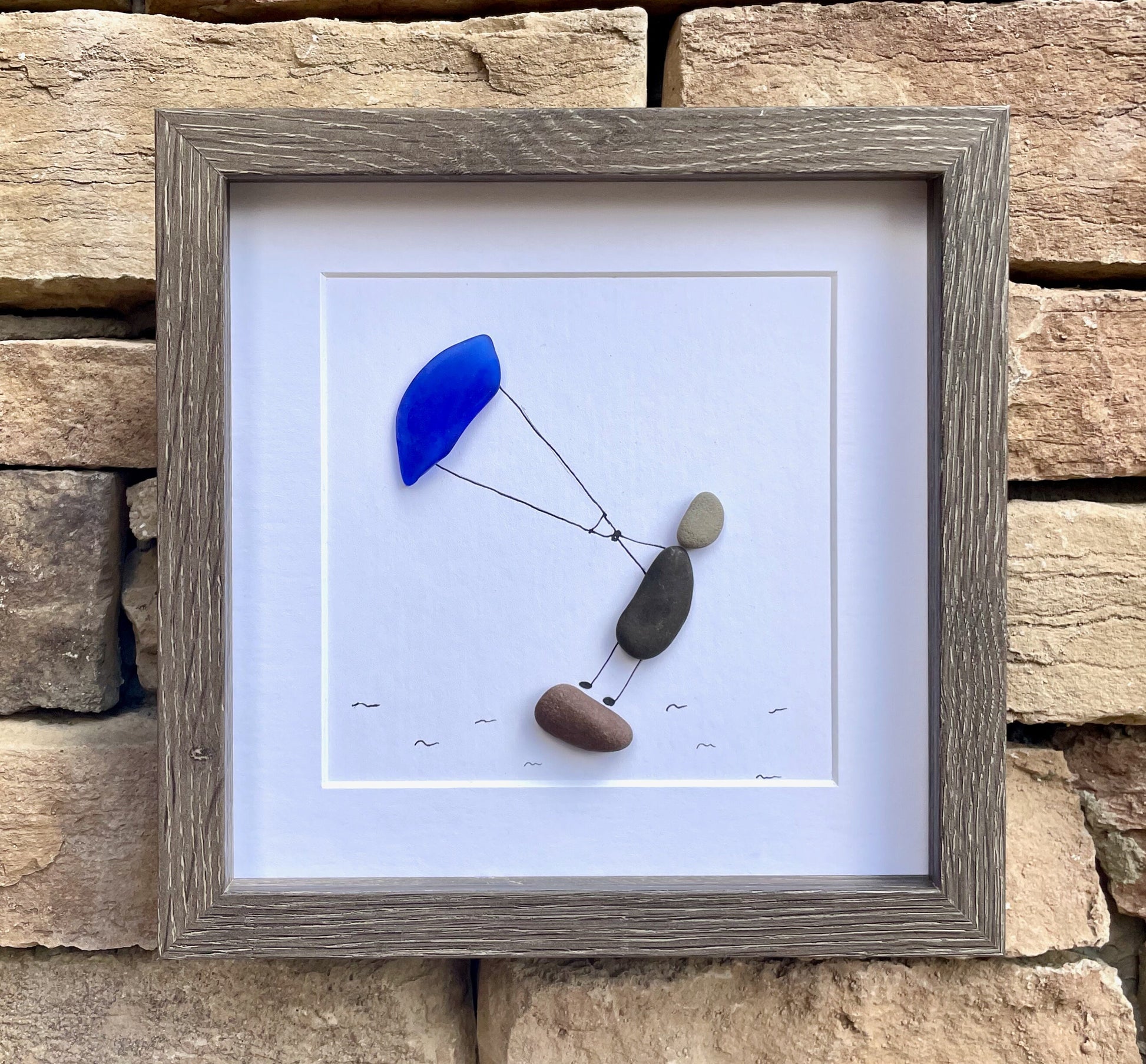 Kite Surfing Pebble and Sea Glass Art, 9x9 Framed Picture, Gift for Kite Surfer