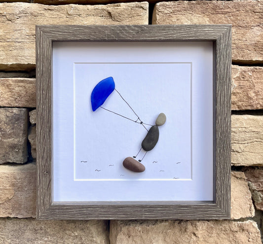 Kite Surfing Pebble and Sea Glass Art, 9x9 Framed Picture, Gift for Kite Surfer