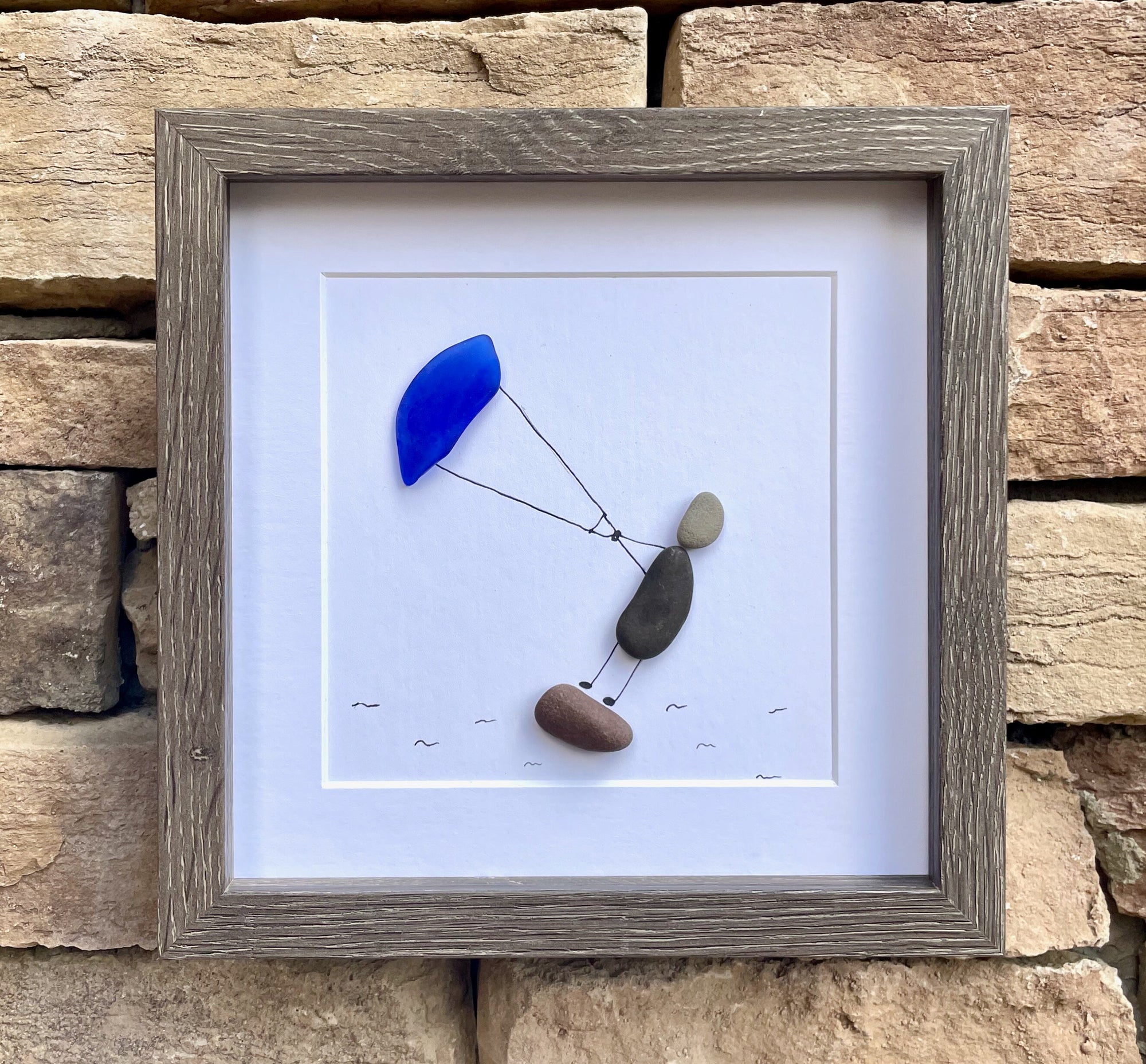 Kite Surfing Pebble and Sea Glass Art, 9x9 Framed Picture, Gift for Kite Surfer