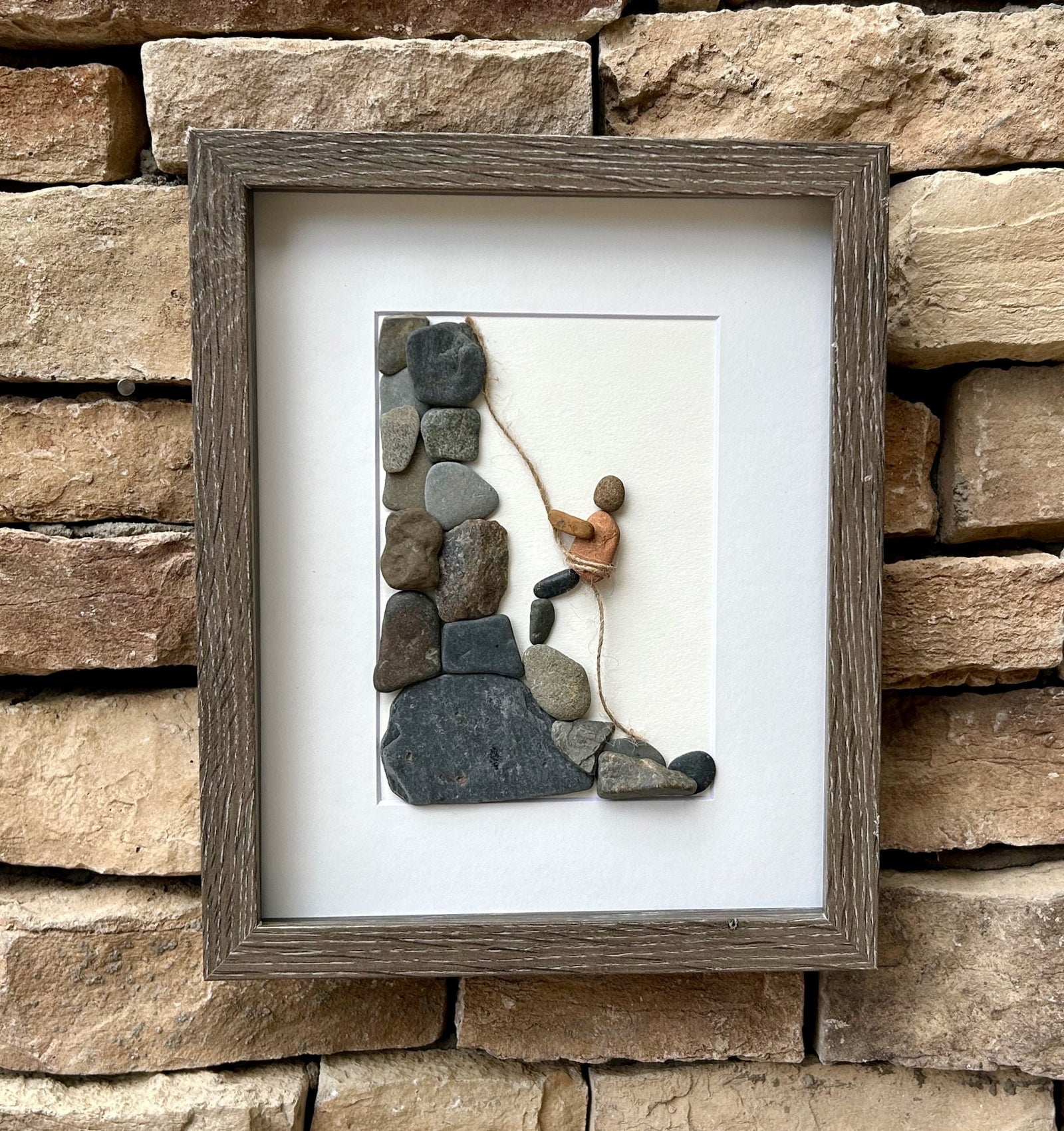 Rock Climbing Pebble Art, 8x10 Framed Original Artwork, Perfect Gift for Rock Climber / Rappelling Art