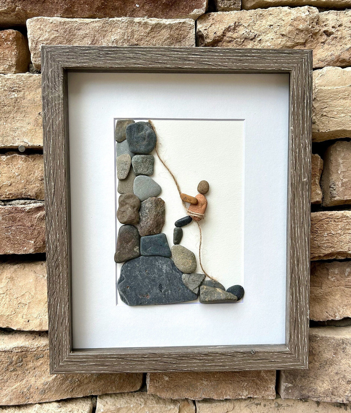 Rock Climbing Pebble Art, 8x10 Framed Original Artwork, Perfect Gift for Rock Climber / Rappelling Art