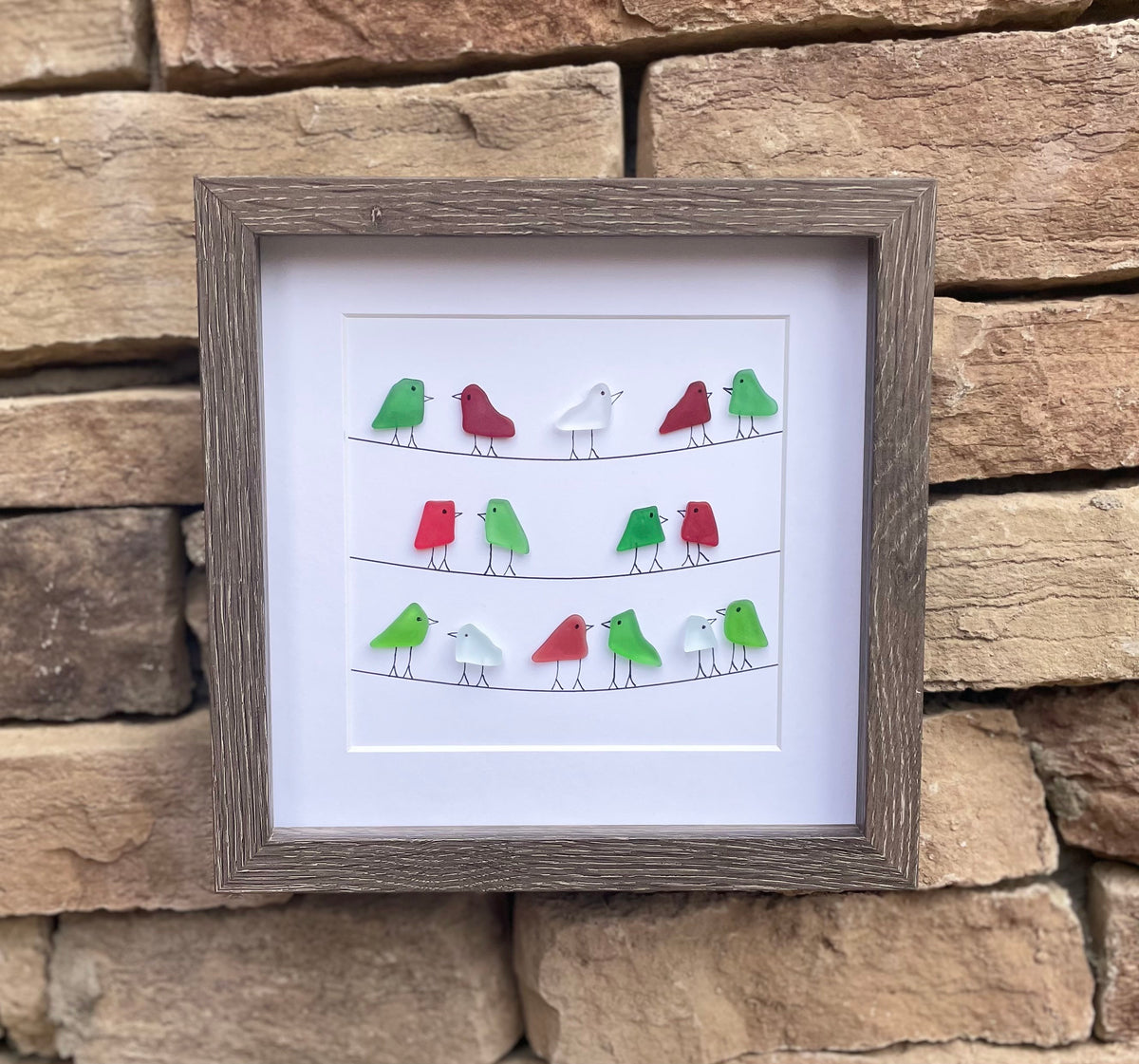Red and Green Christmas Sea Glass Birds Sitting on Power Lines, 9x9 Framed Original Artwork, Perfect Holiday Gift
