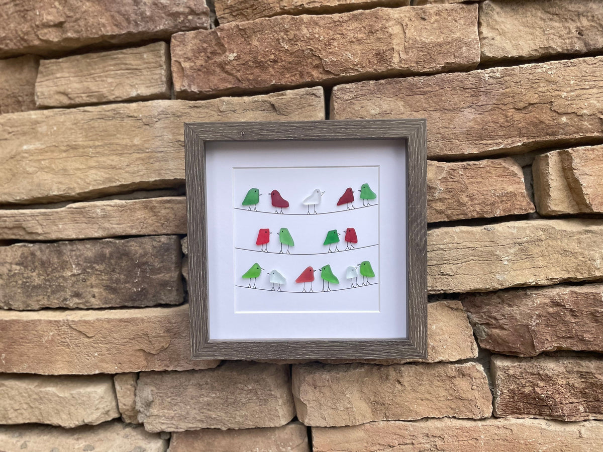Red and Green Christmas Sea Glass Birds Sitting on Power Lines, 9x9 Framed Original Artwork, Perfect Holiday Gift