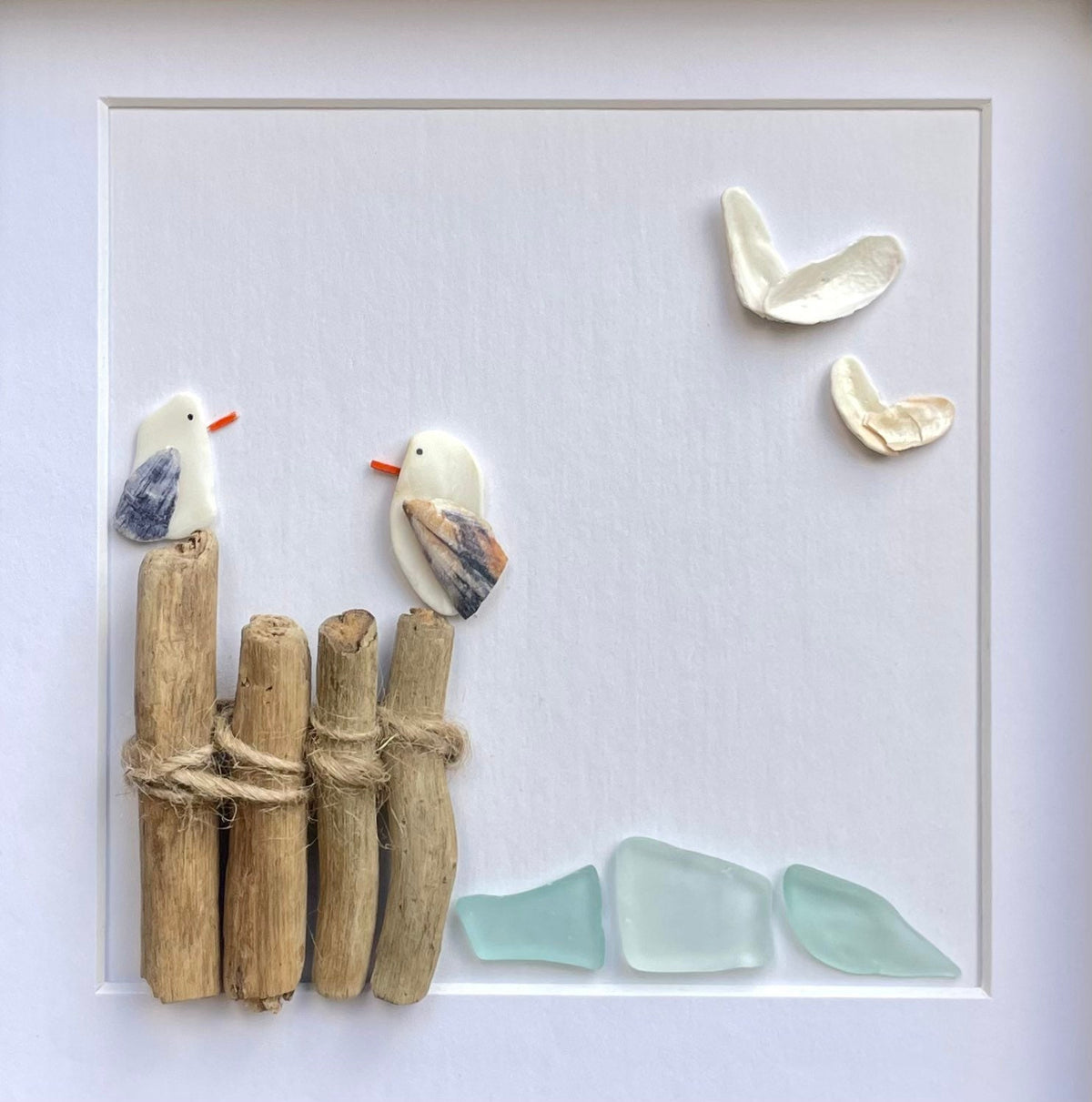 Seagulls at the Beach | Seagulls on Pylons | Decor for Beach House | Lake House | Dock Art | 8x8 Sea Glass and Driftwood Art