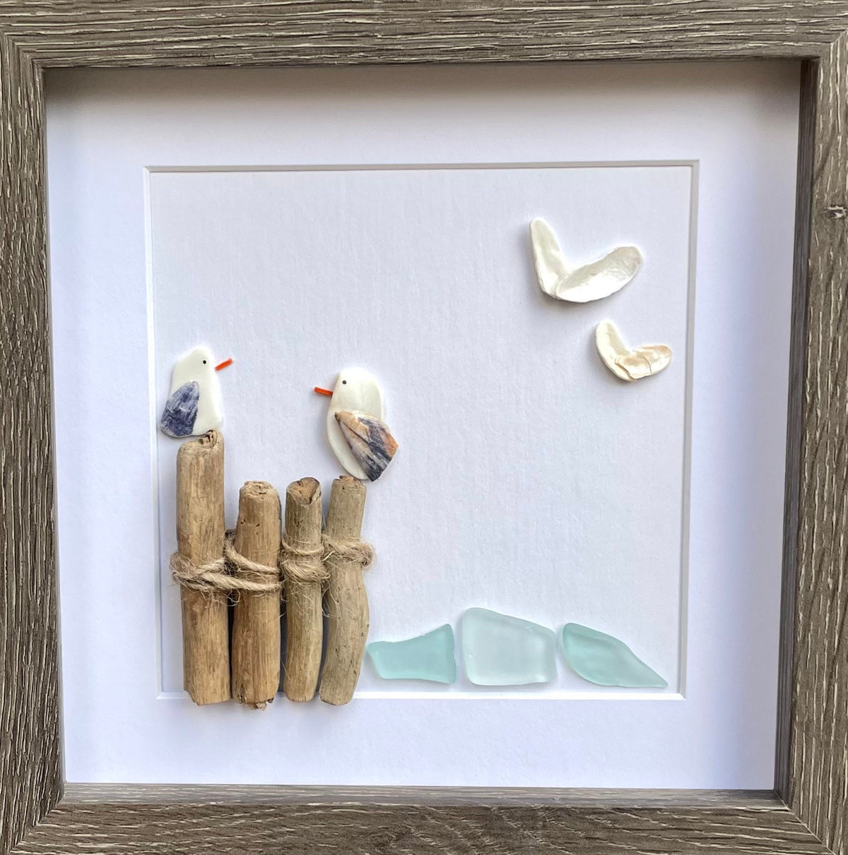 Seagulls at the Beach, 9x9 Framed Sea Glass and Pebble Art, Perfect Decor for Beach House or Lake House