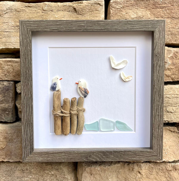 Seagulls on the Pier Sea Glass and Shell Art, 8x8"