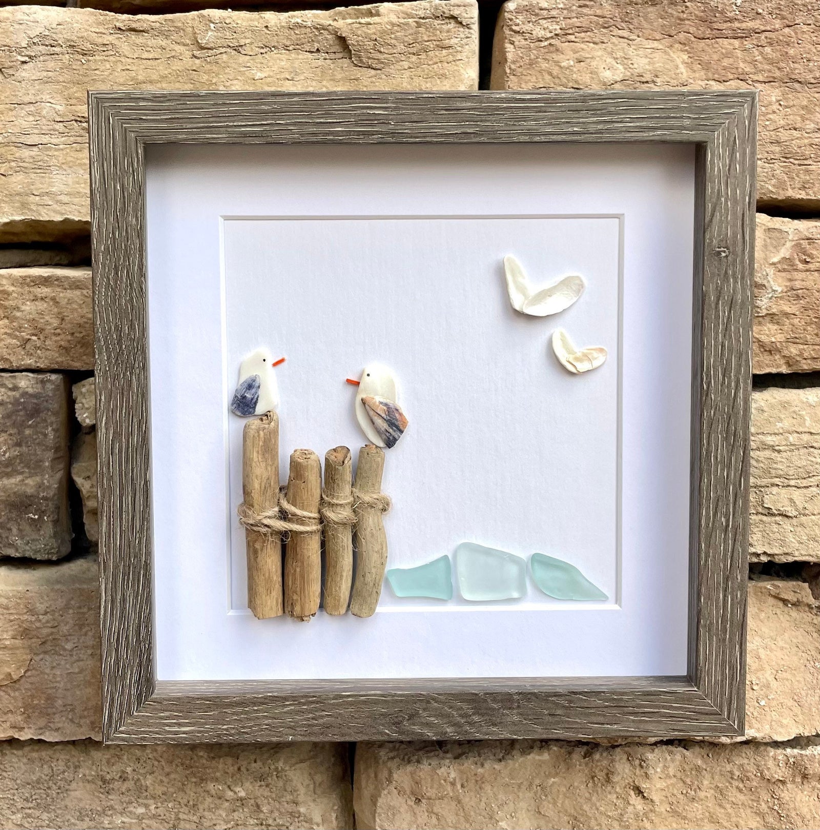 Seagulls at the Beach, 9x9 Framed Sea Glass and Pebble Art, Perfect Decor for Beach House or Lake House