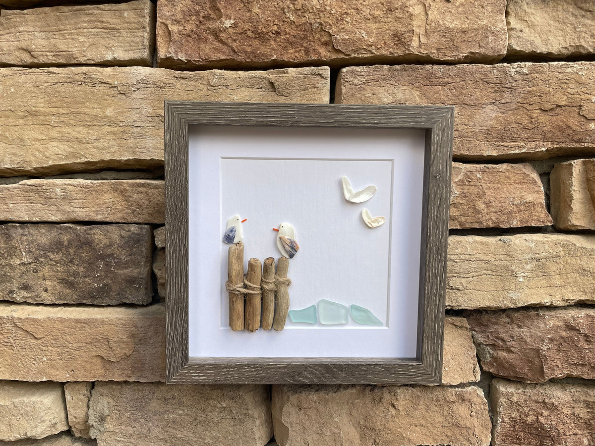 Seagulls at the Beach, 9x9 Framed Sea Glass and Pebble Art, Perfect Decor for Beach House or Lake House