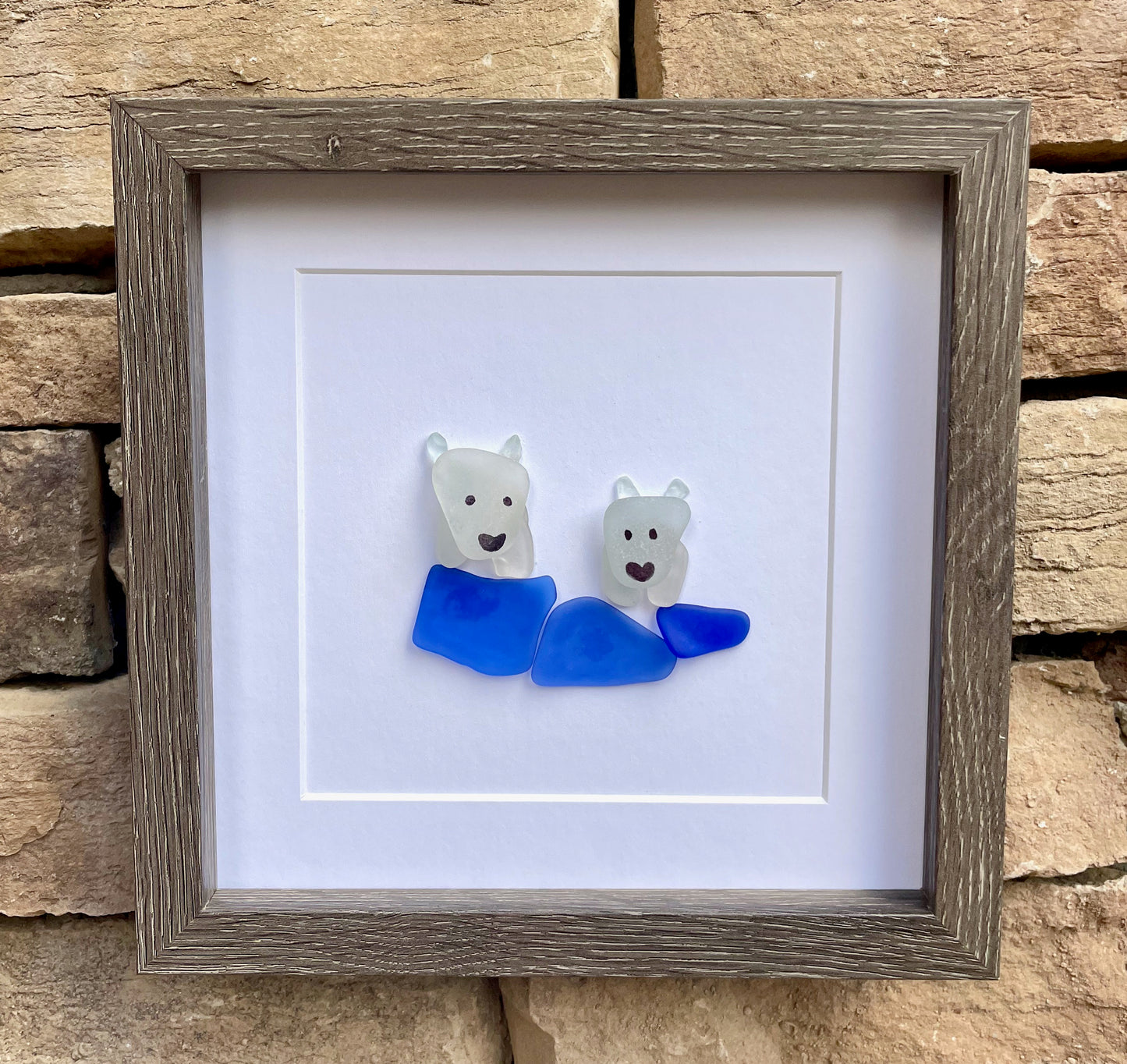 Sea Glass Polar Bear Art, Framed Winter Decor (8x8)