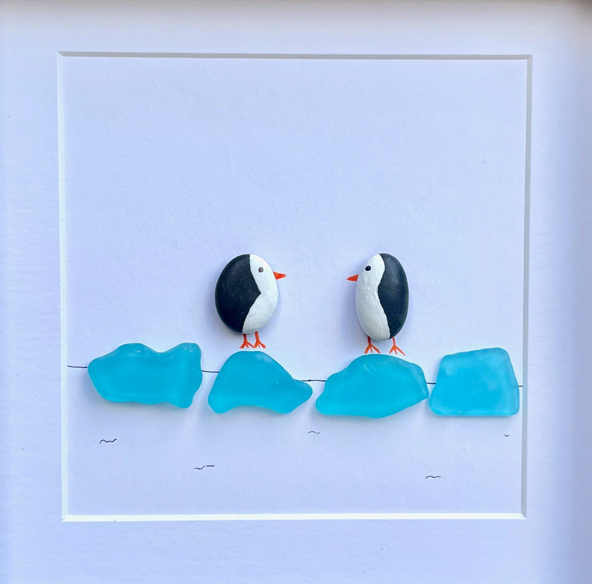 Sea Glass Penguin Picture, 8x8 Framed Sea Glass Art, Perfect Winter or Holiday Decor