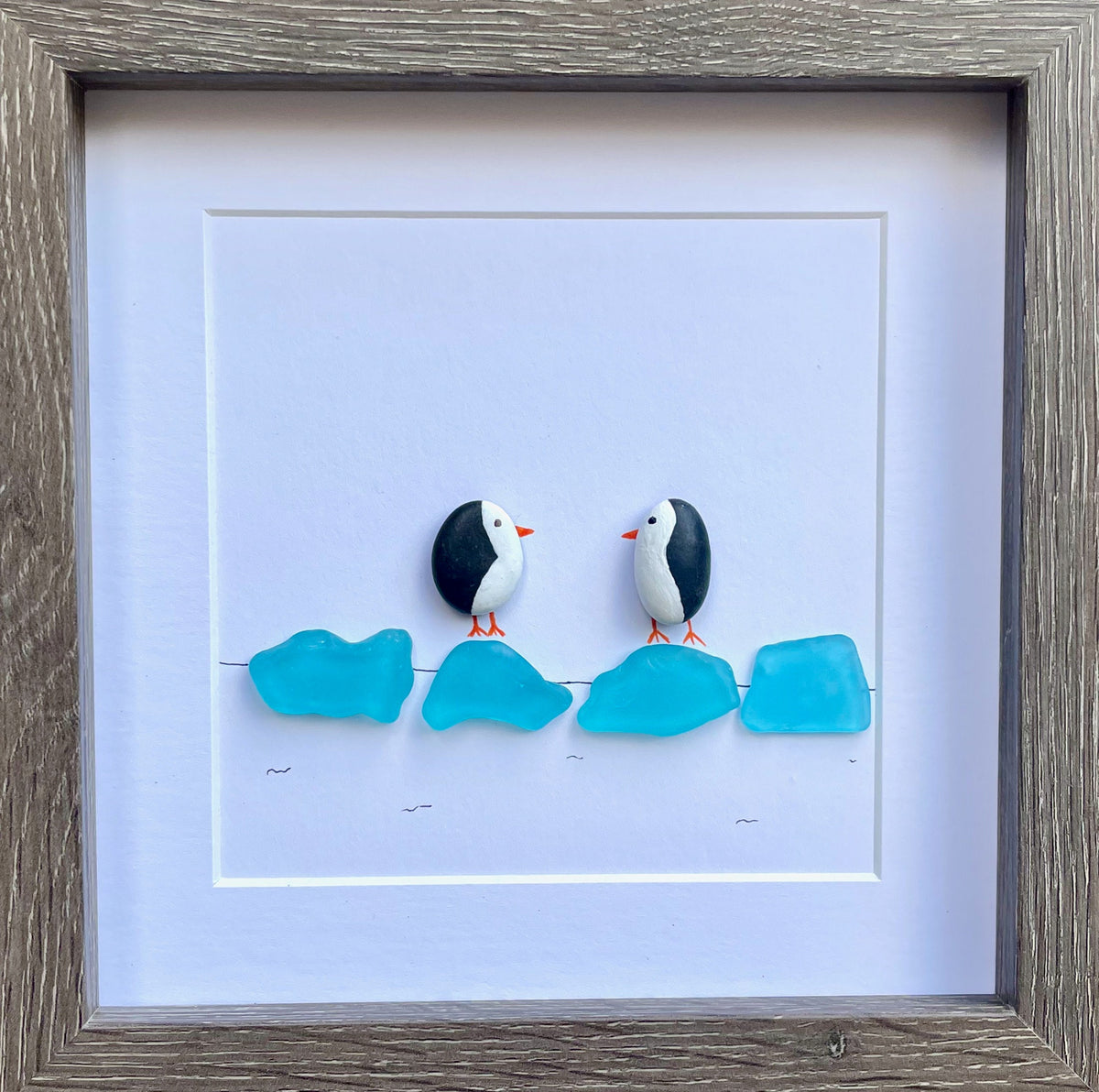 Sea Glass Penguin Picture, 8x8 Framed Sea Glass Art, Perfect Winter or Holiday Decor