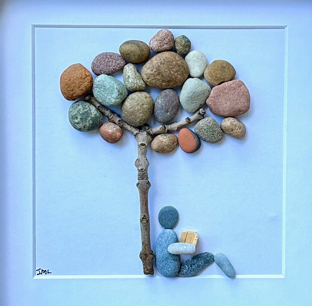 Book Lover Gift | Reading Under Pebble Tree Art | Handmade Pebble Picture for Readers
