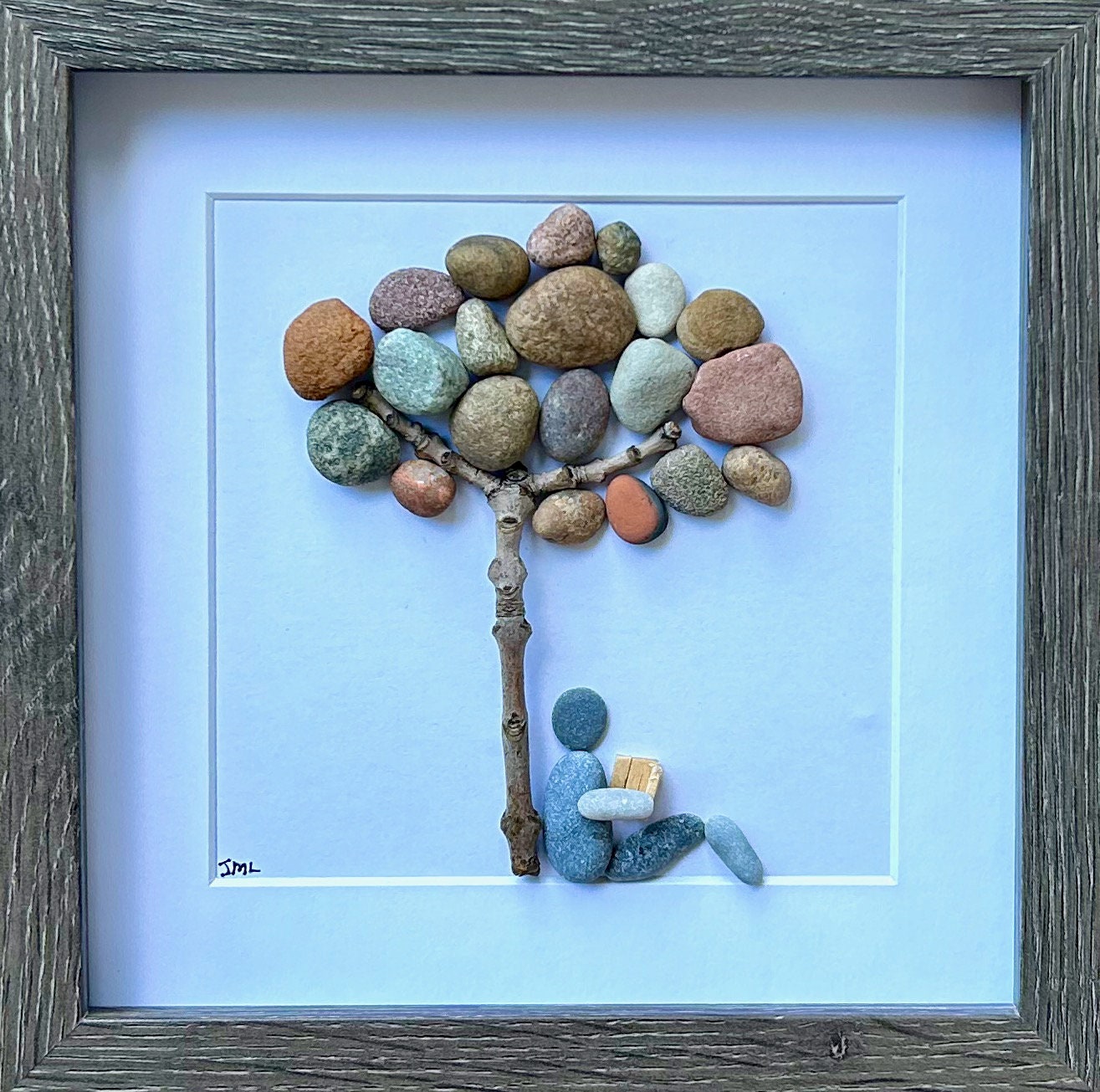 Book Lover Gift | Reading Under Pebble Tree Art | Handmade Pebble Picture for Readers