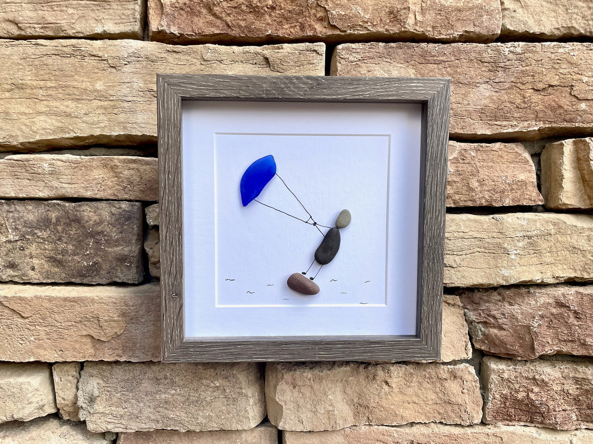 Kite Surfing Pebble and Sea Glass Art, 9x9 Framed Picture, Gift for Kite Surfer