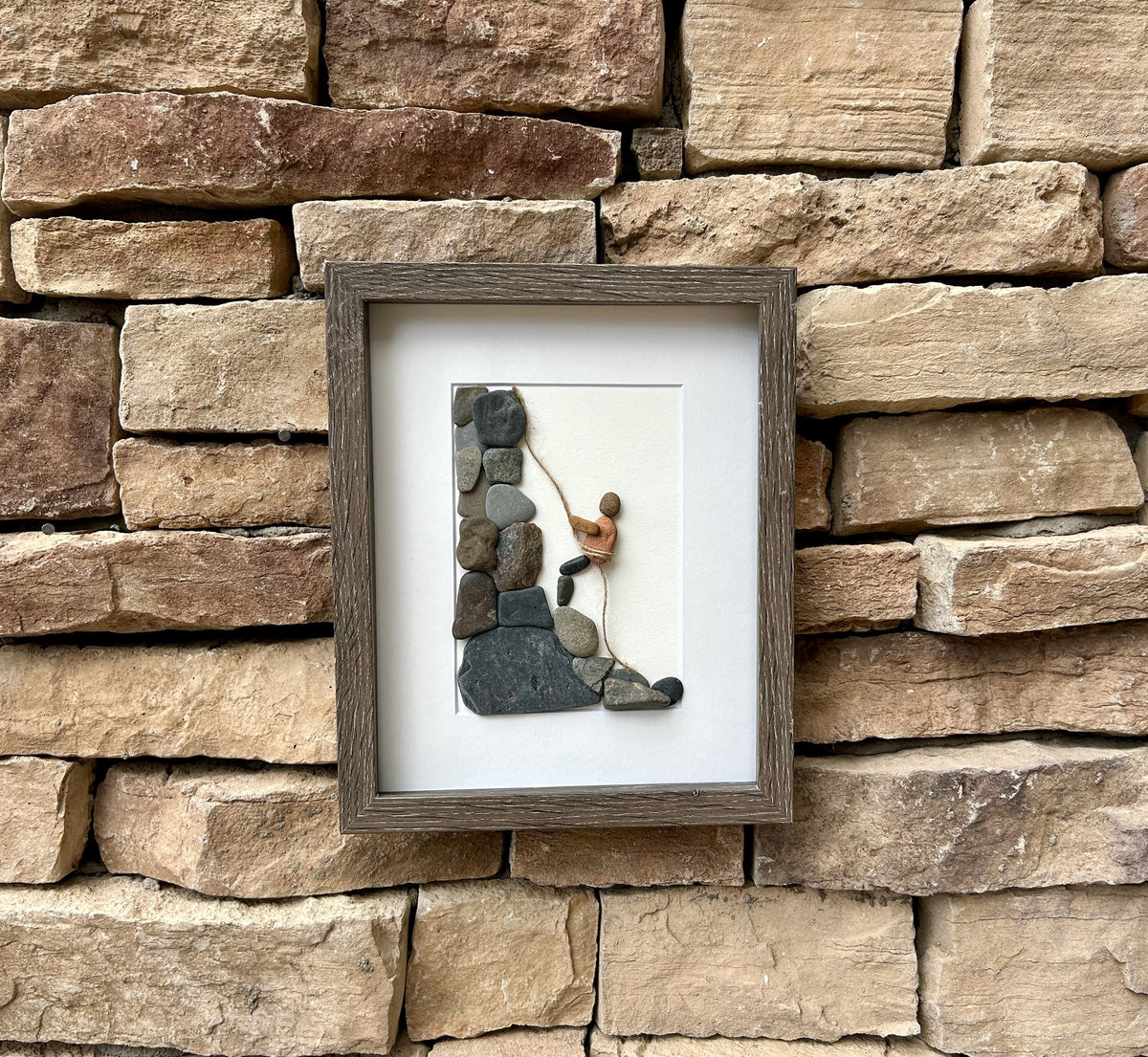 Rock Climbing Pebble Art With Two Climbers; 8x10 Framed