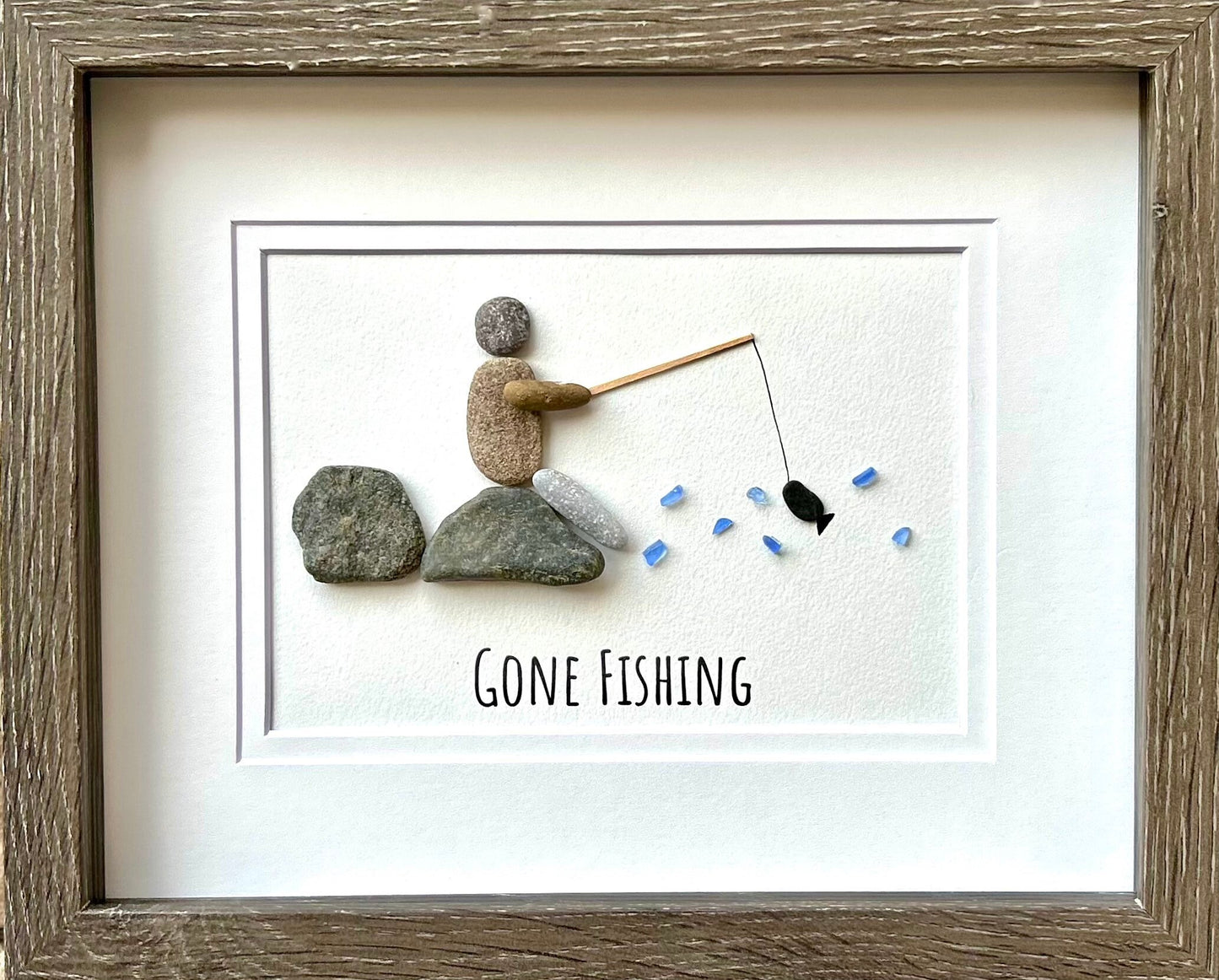 Gone Fishing Pebble and Sea Glass Art, 9 x 9”  Personalized Fishing Gift