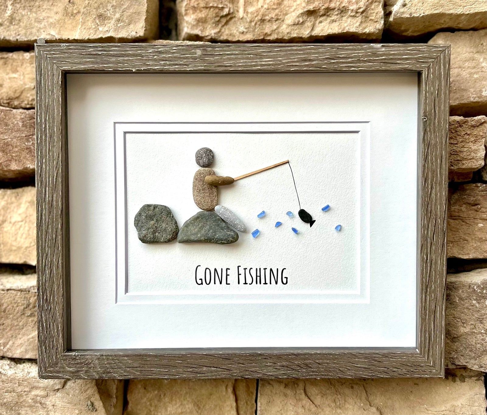 Gone Fishing Pebble and Sea Glass Art, 9 x 9” Personalized Fishing Gift