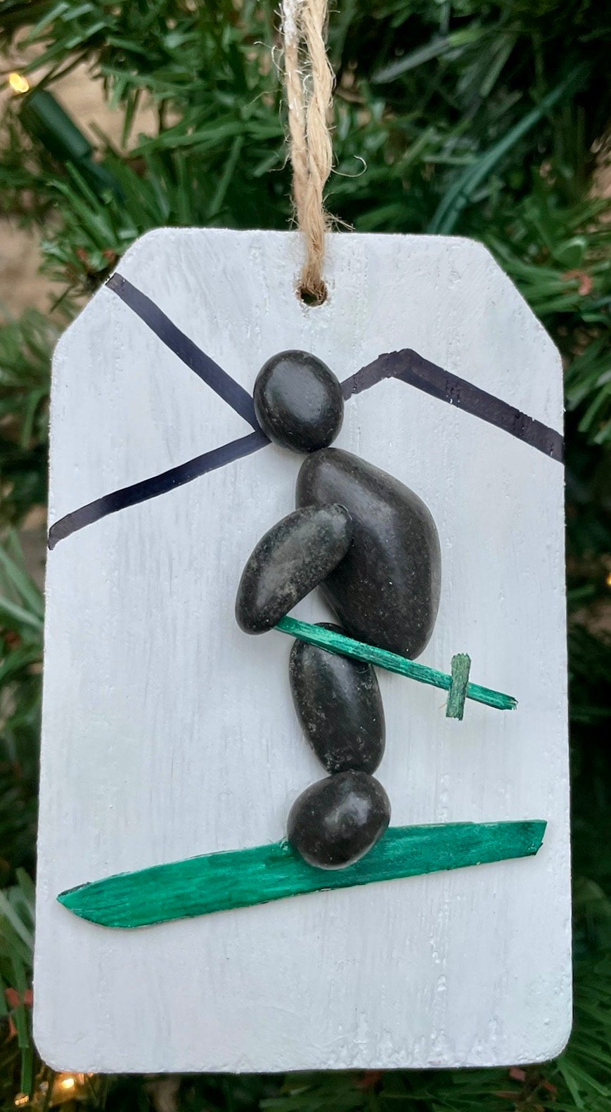 Skiing Pebble Art Christmas Ornament Showing Skiier in the Mountains, Perfect Gift for Anyone that Loves to Ski