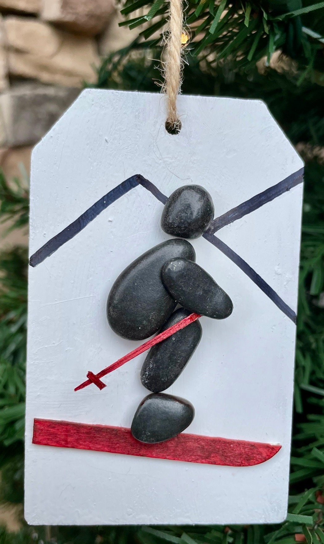 Skiing Pebble Art Christmas Ornament Showing Skiier in the Mountains, Perfect Gift for Anyone that Loves to Ski