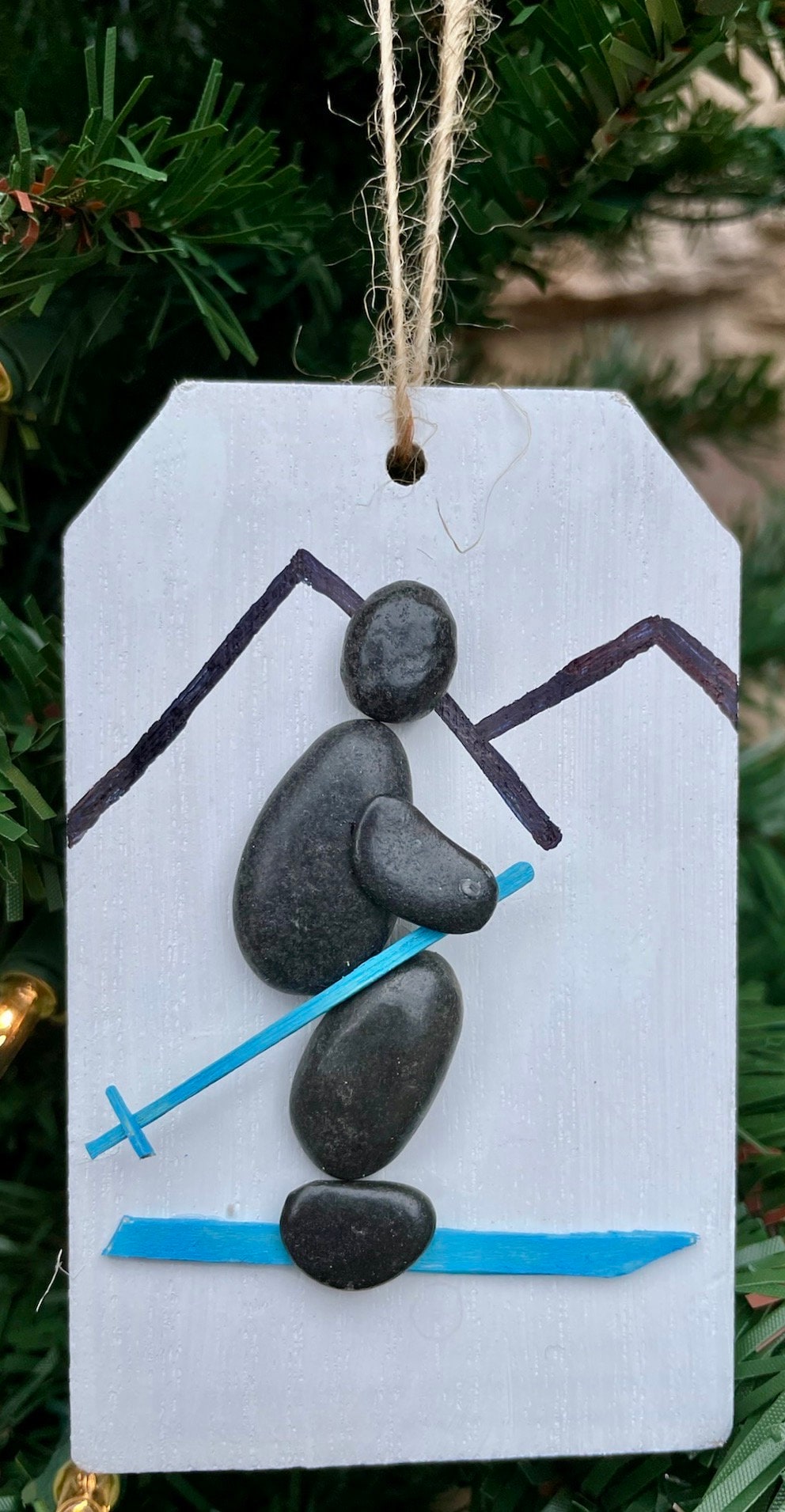 Skiing Pebble Art Christmas Ornament Showing Skiier in the Mountains, Perfect Gift for Anyone that Loves to Ski