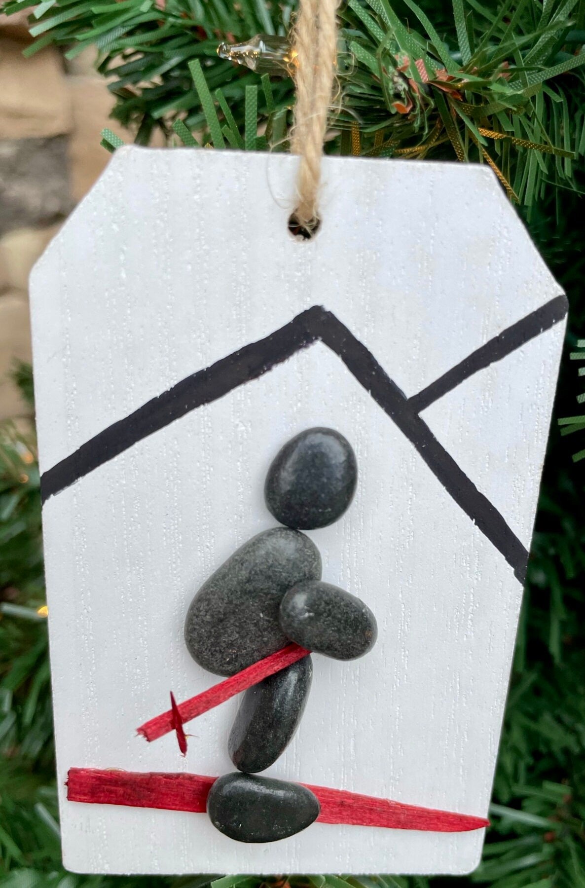 Skiing Pebble Art Christmas Ornament Showing Skiier in the Mountains, Perfect Gift for Anyone that Loves to Ski