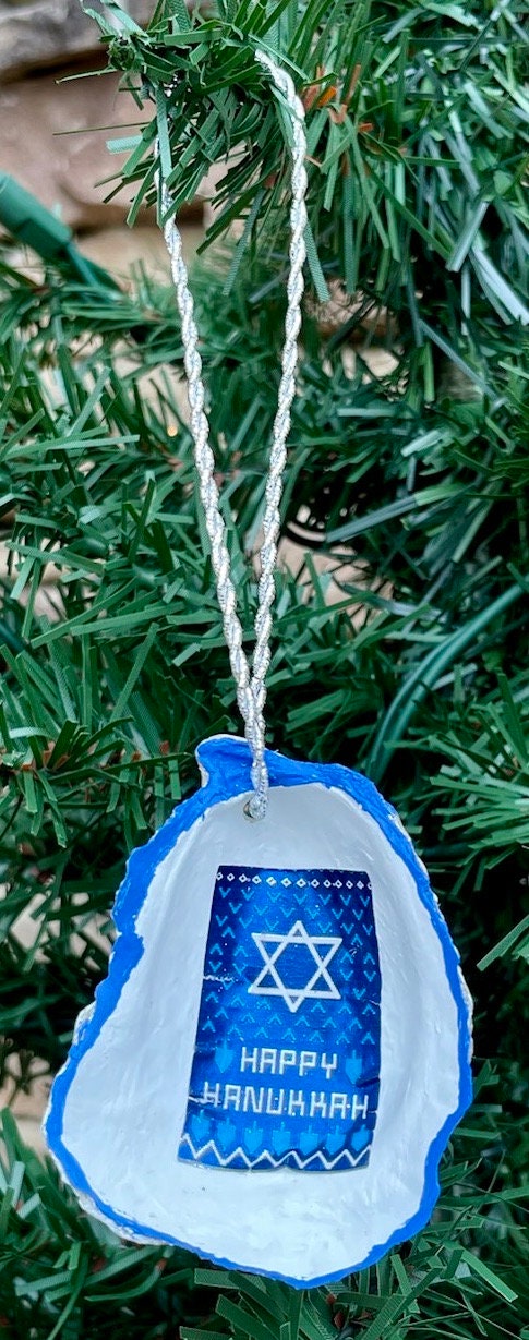 Jewish Hanukkah (Chanukah) "Happy Hanukkah" Holiday Ornament - Seashell and Decoupage