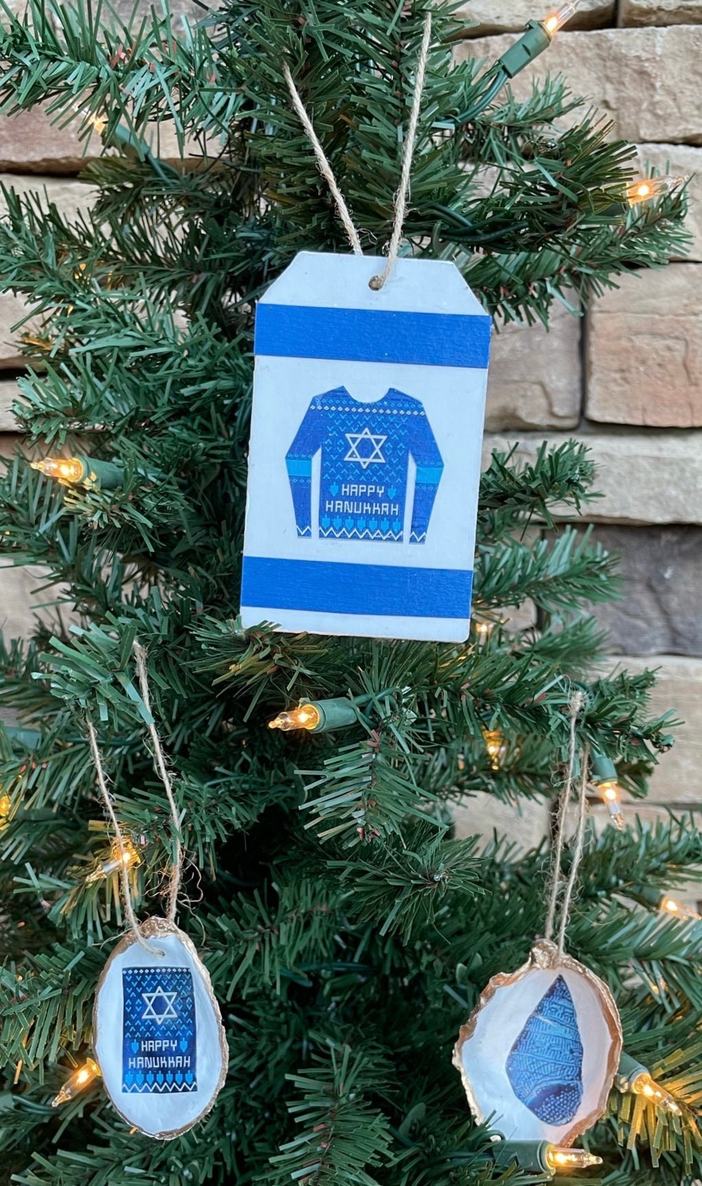 Happy Hanukkah Sweater Ornament | Handmade Decoupage Holiday Decoration | Blue Star Of David Chanukah Gift | 3x2" Ornament in Blue and White