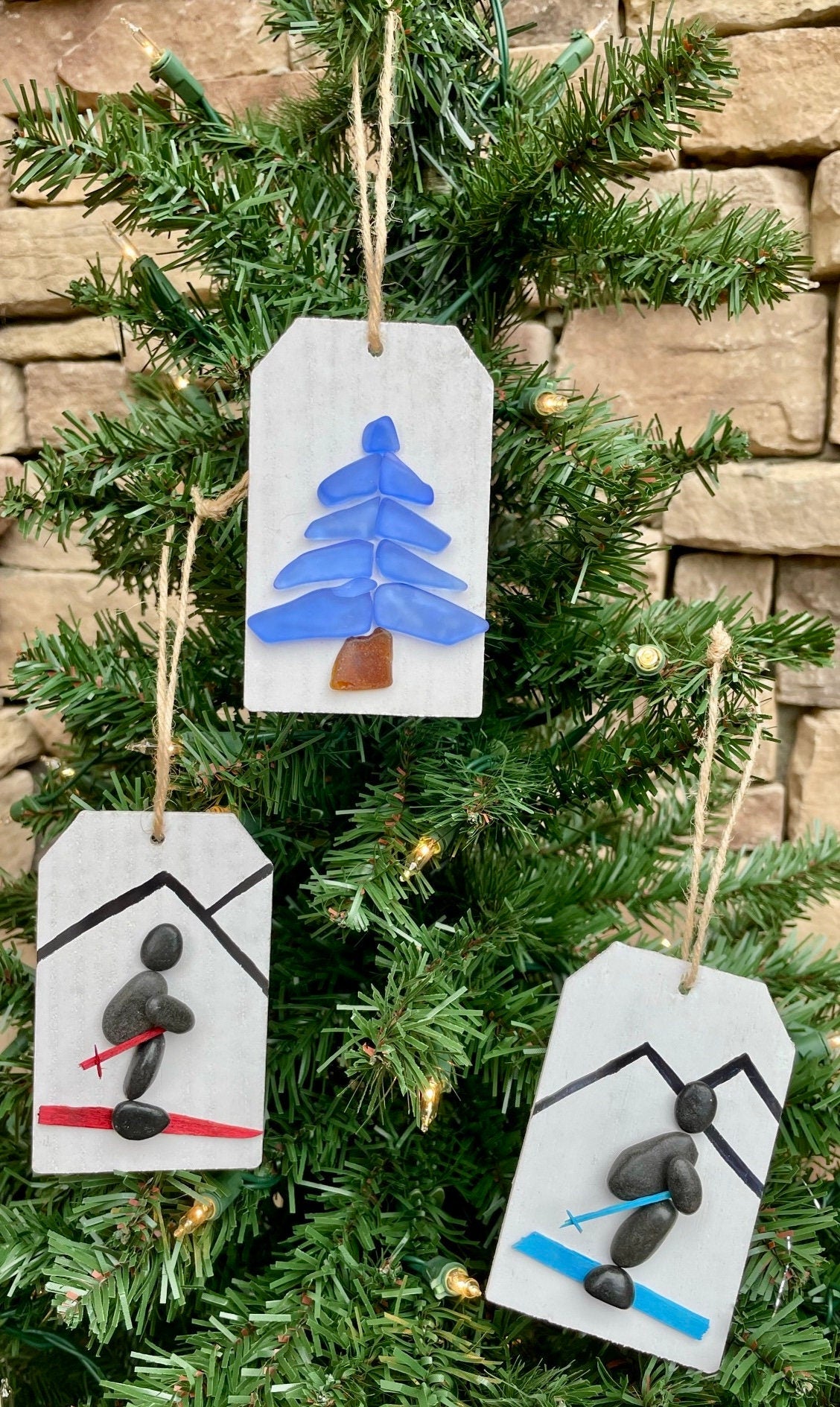 Skiing Pebble Art Christmas Ornament Showing Skiier in the Mountains, Perfect Gift for Anyone that Loves to Ski