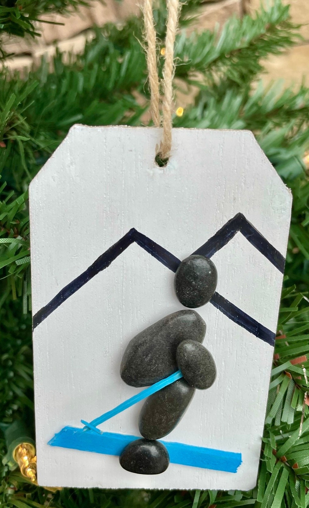 Skiing Pebble Art Christmas Ornament Showing Skiier in the Mountains, Perfect Gift for Anyone that Loves to Ski