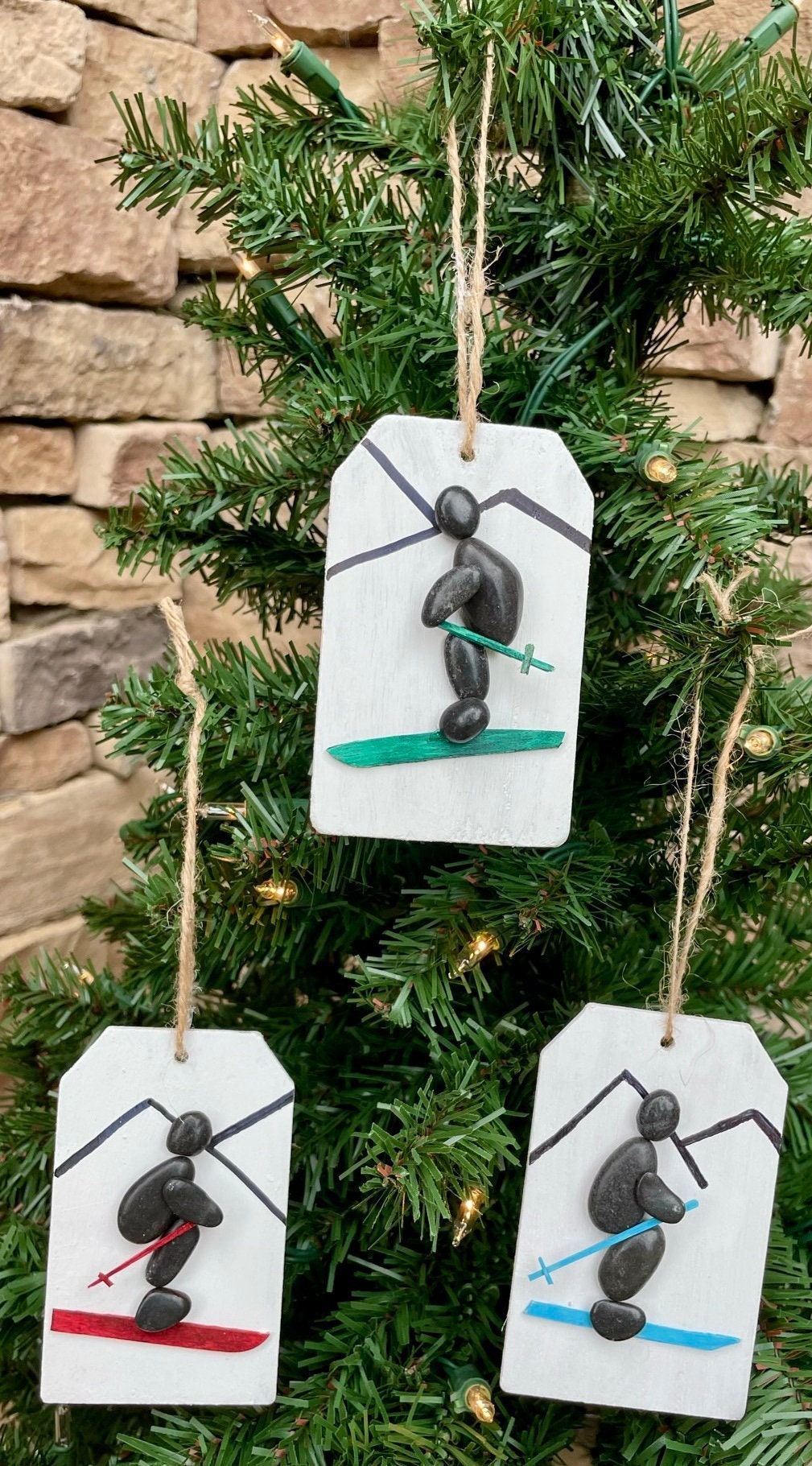 Pebble Art Skiing Christmas Ornament, Handmade Skier Gift