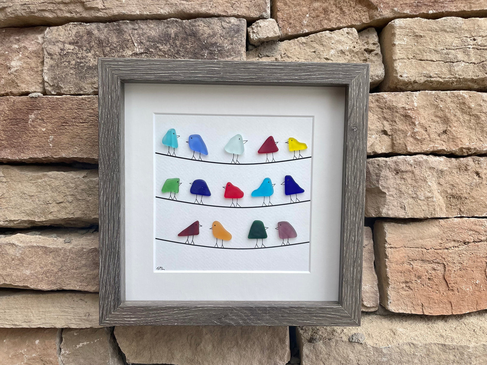 Rainbow Sea Glass Birds Sitting on Power Lines, Original Handmade Artwork, Minimalist Beach Decor, 9x9 in frame