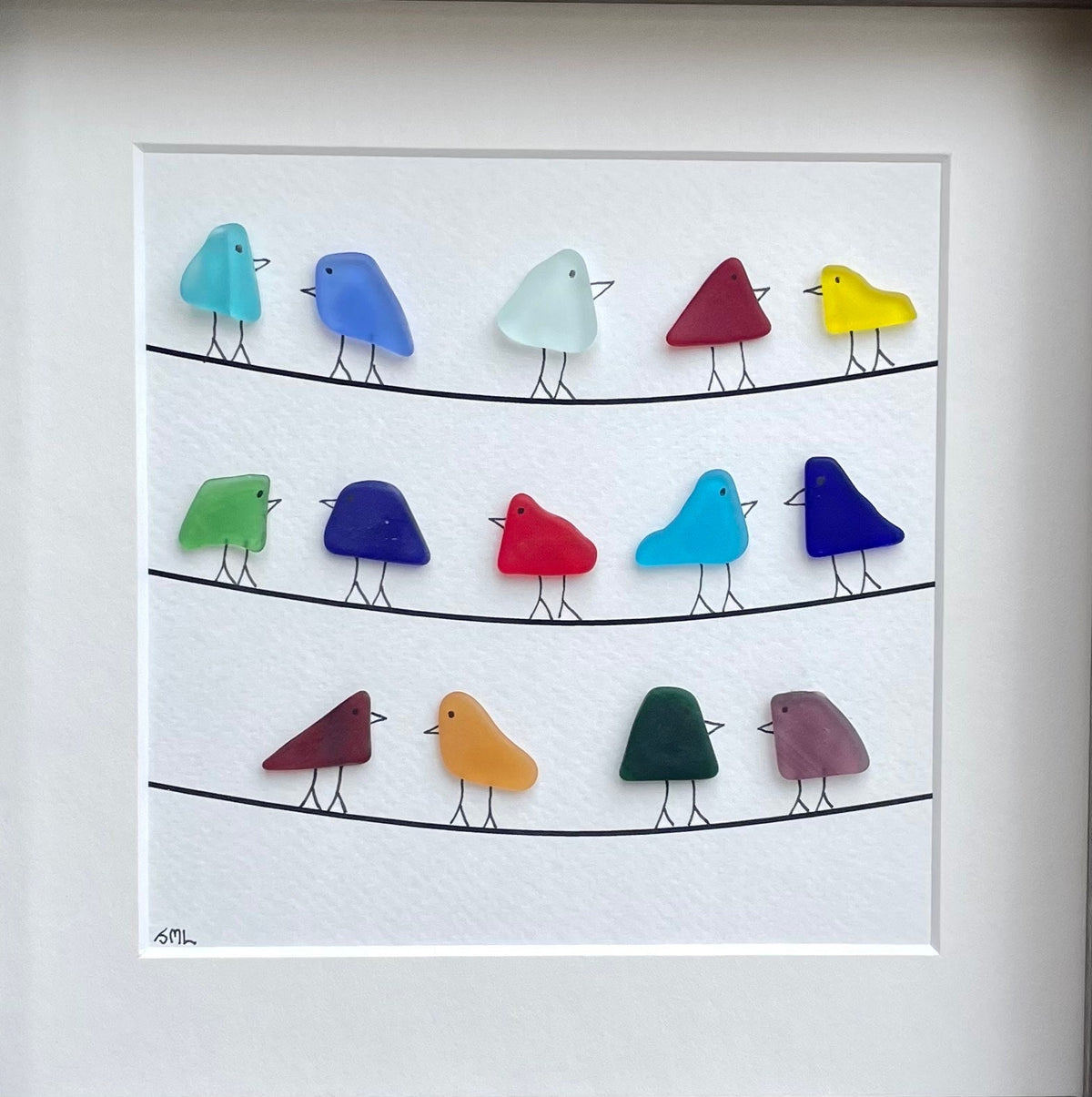 Rainbow Sea Glass Birds Sitting on Power Lines, Original Handmade Artwork, Minimalist Beach Decor, 9x9 in frame