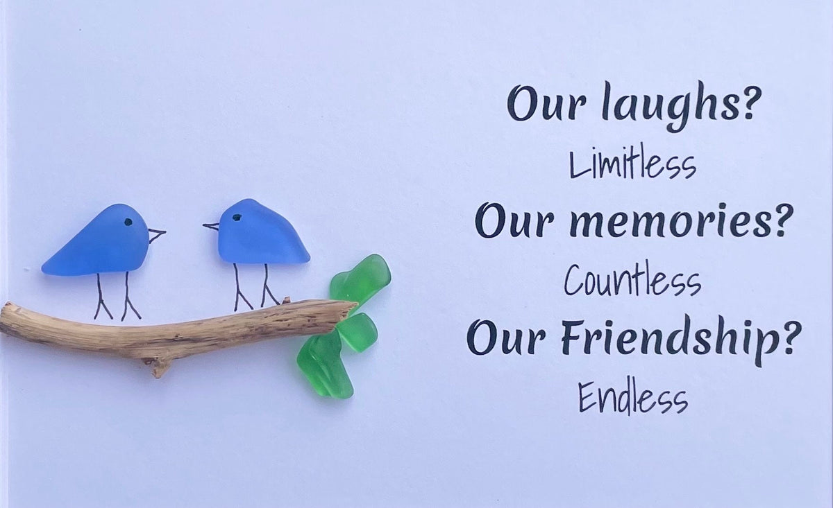 Laughs, Memories and Friendship 8x10 Framed Sea Glass Art Showing Two Birds on a Branch, Minimalist Beach Decor