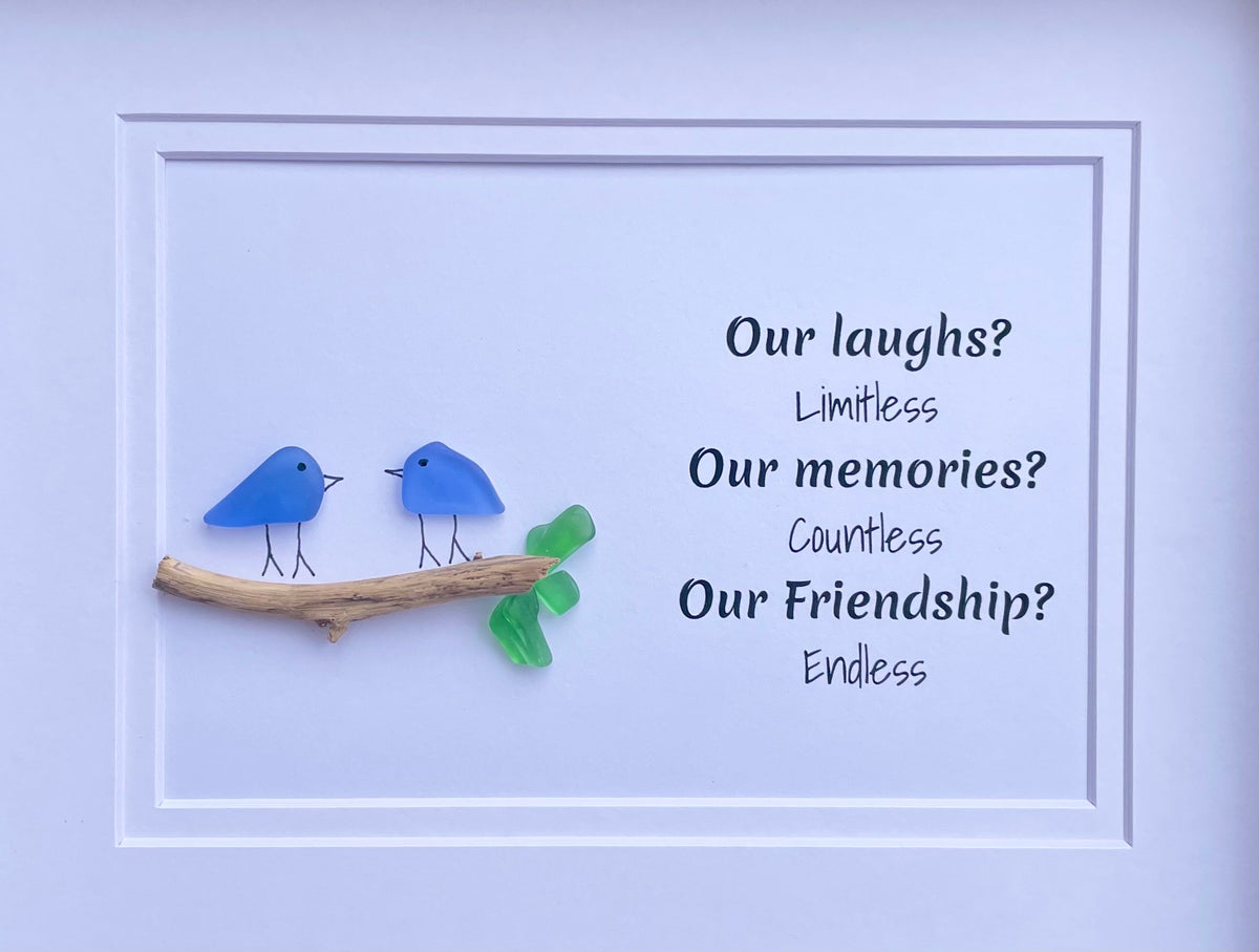 Laughs, Memories and Friendship 8x10 Framed Sea Glass Art Showing Two Birds on a Branch, Minimalist Beach Decor