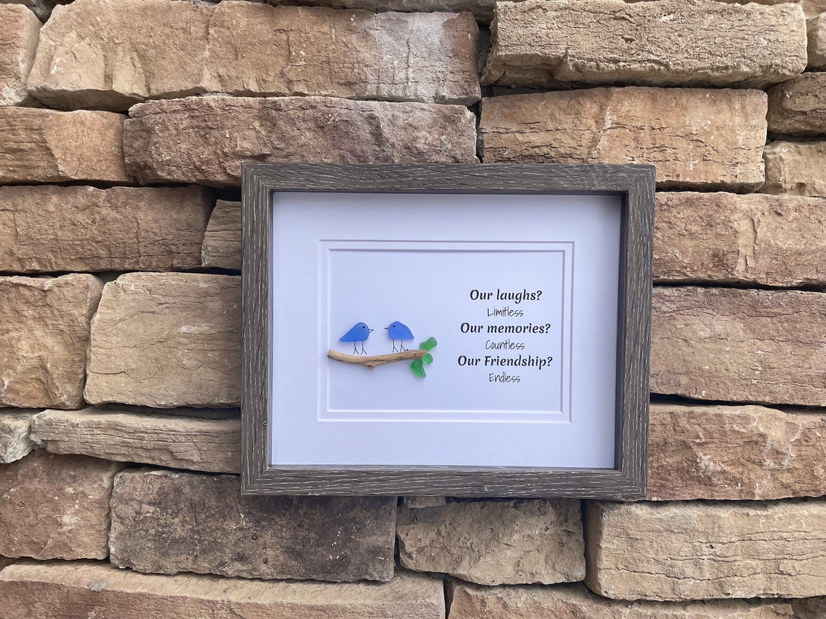 Laughs, Memories and Friendship 8x10 Framed Sea Glass Art Showing Two Birds on a Branch, Minimalist Beach Decor