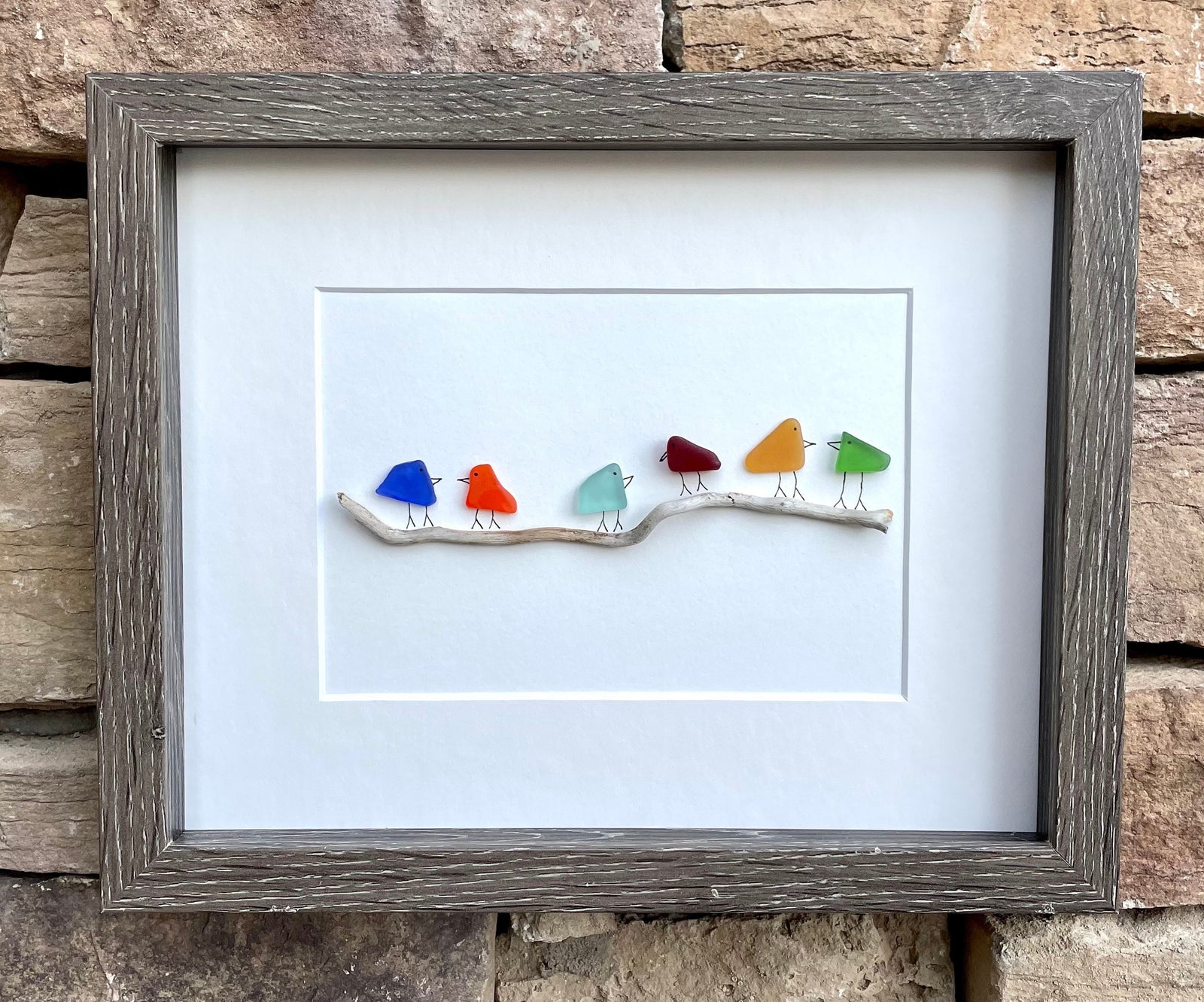 Sea Glass and Driftwood Rainbow Birds, 8x10 Framed Original Handmade Art, Minimalist Beach Glass Decor