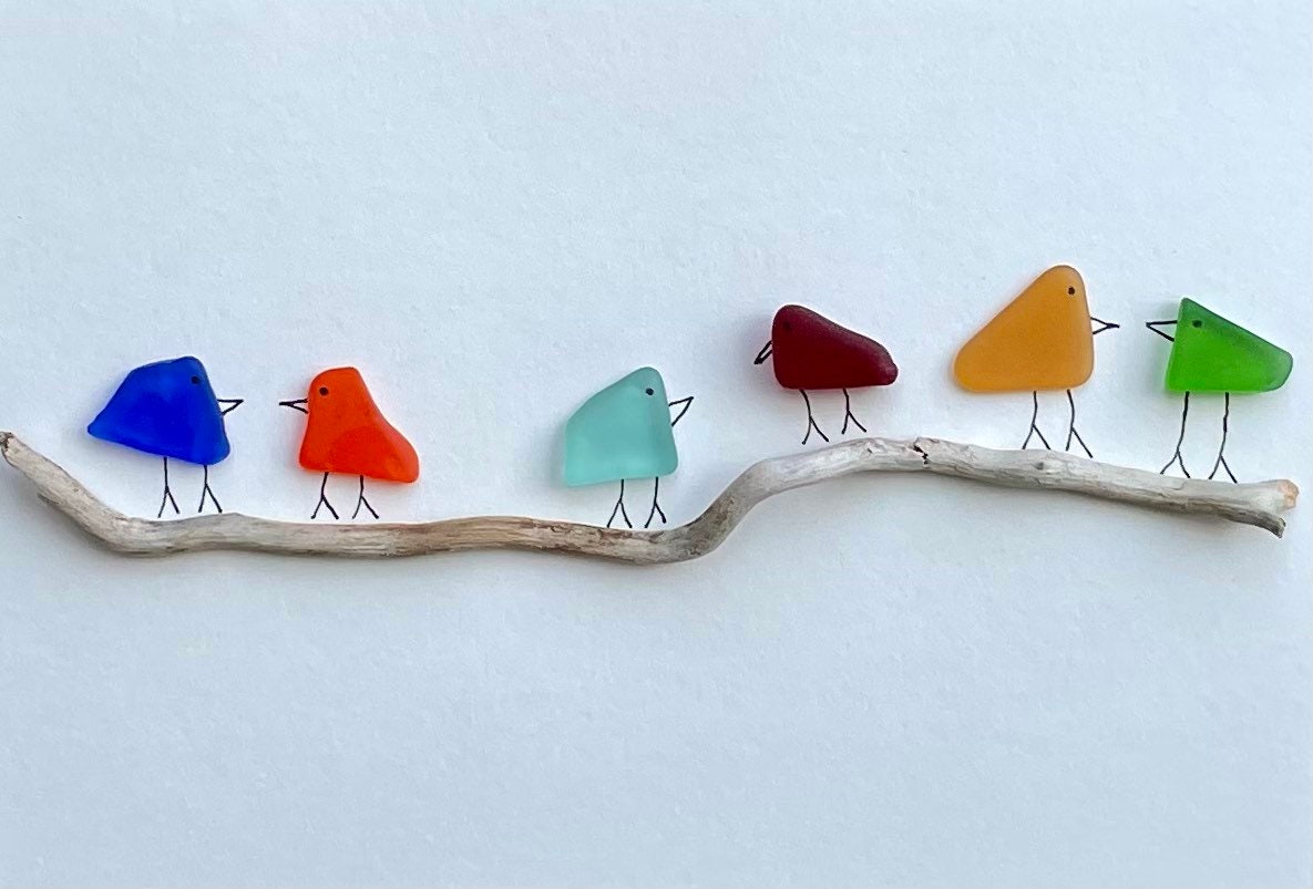 Sea Glass and Driftwood Rainbow Birds, 8x10 Framed Original Handmade Art, Minimalist Beach Glass Decor