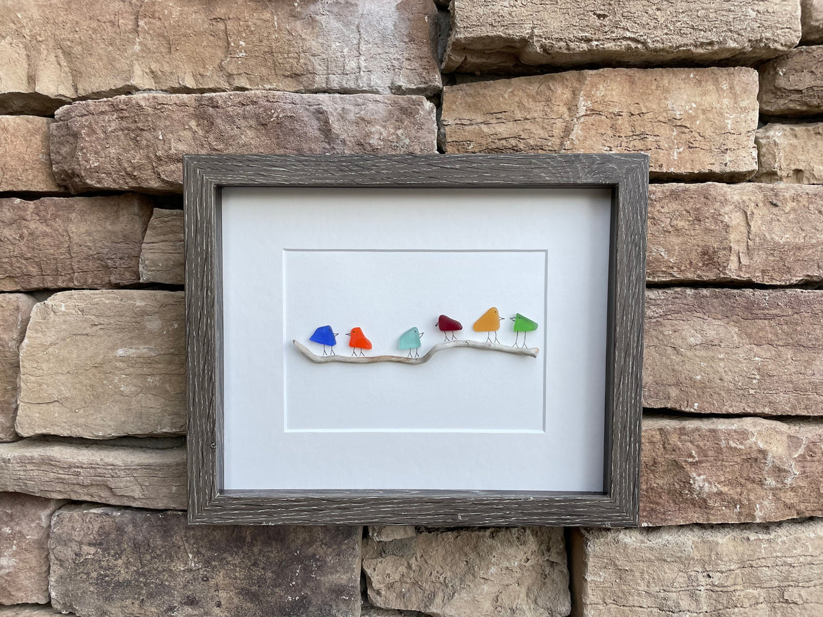 Sea Glass and Driftwood Rainbow Birds, 8x10 Framed Original Handmade Art, Minimalist Beach Glass Decor